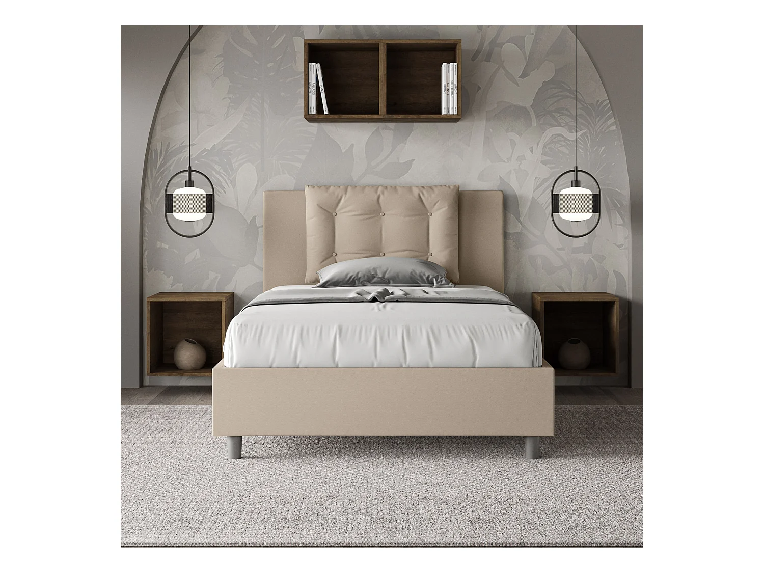 Cama contenedor tapizada símil piel gris tórtola Annalisa 120x210