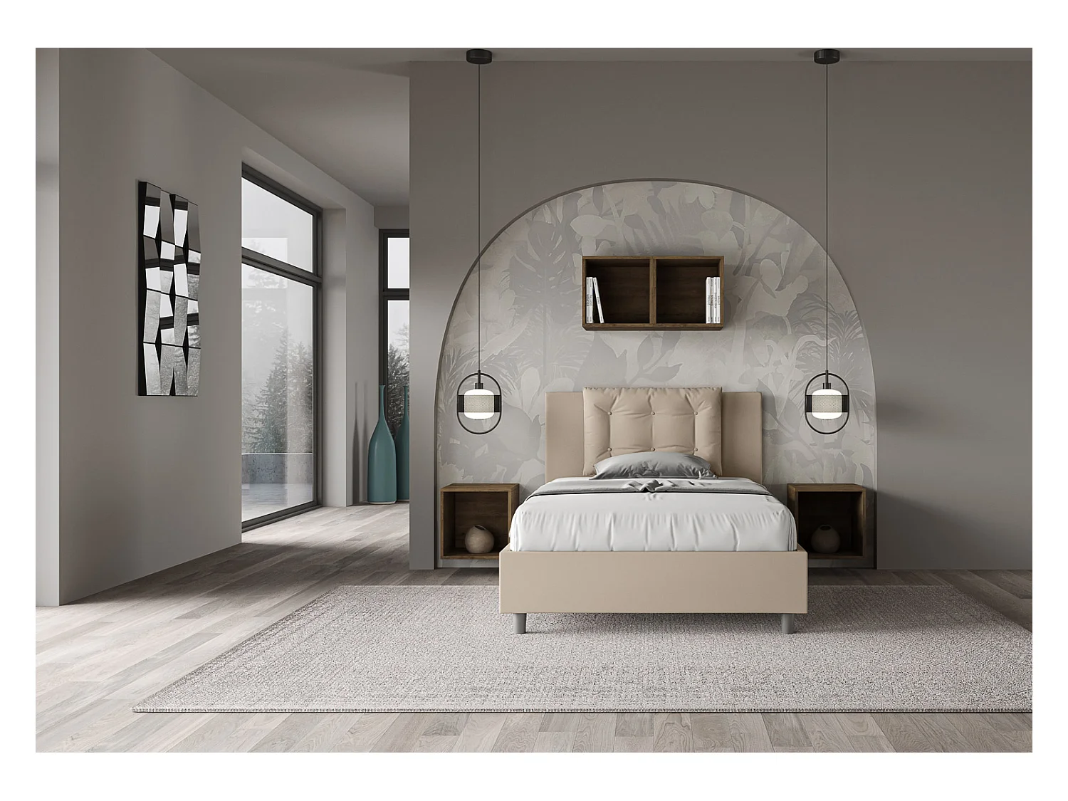 Cama contenedor tapizada símil piel gris tórtola Annalisa 120x210