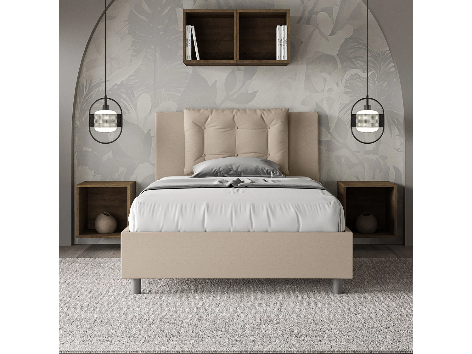 Lit 1 place et demi coffre rembourré 120x210 similicuir taupe Annalisa