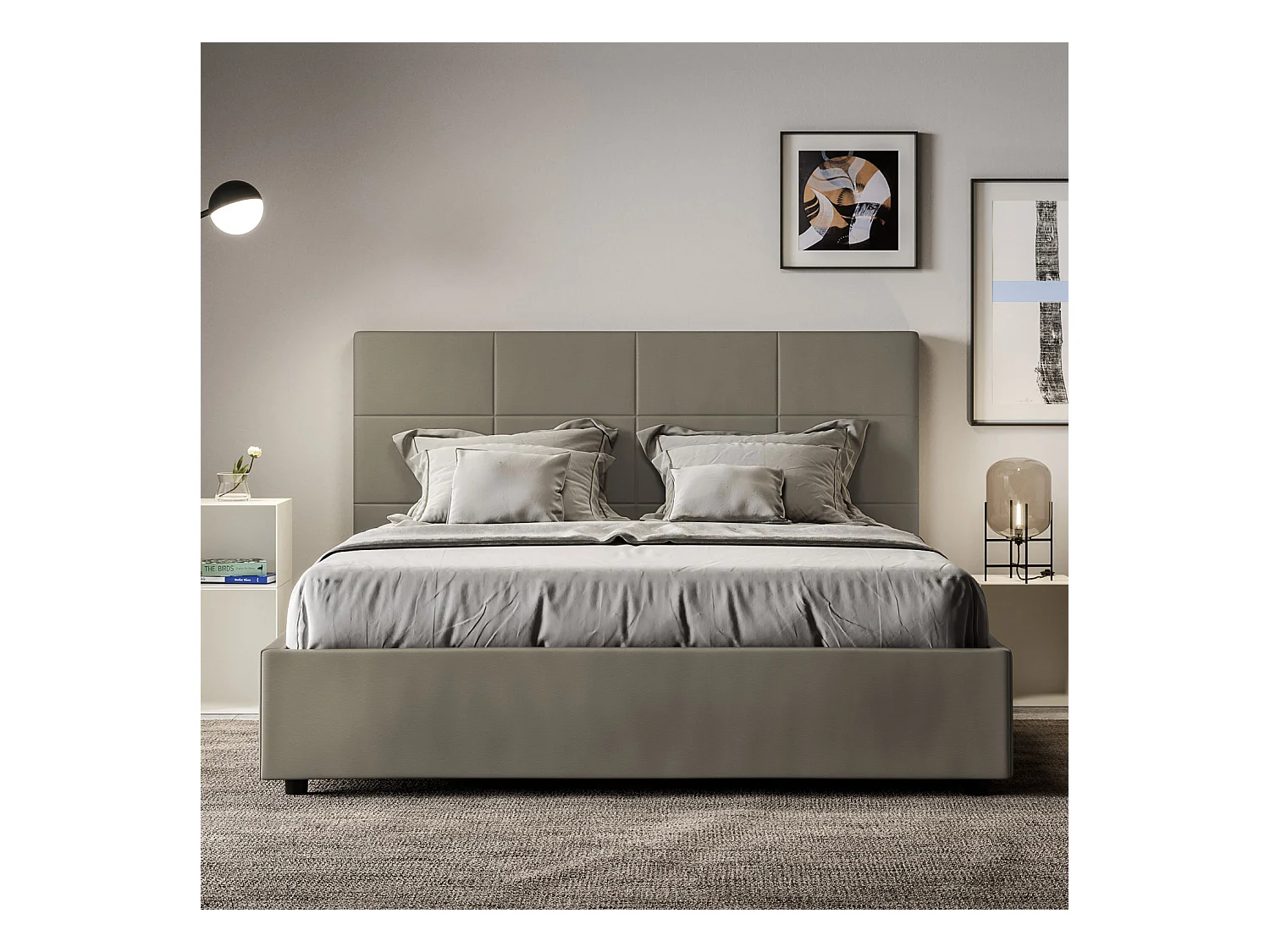 Cama de casal queen size com arrumação estofada 160x200 pele sintética cappuccino Mika