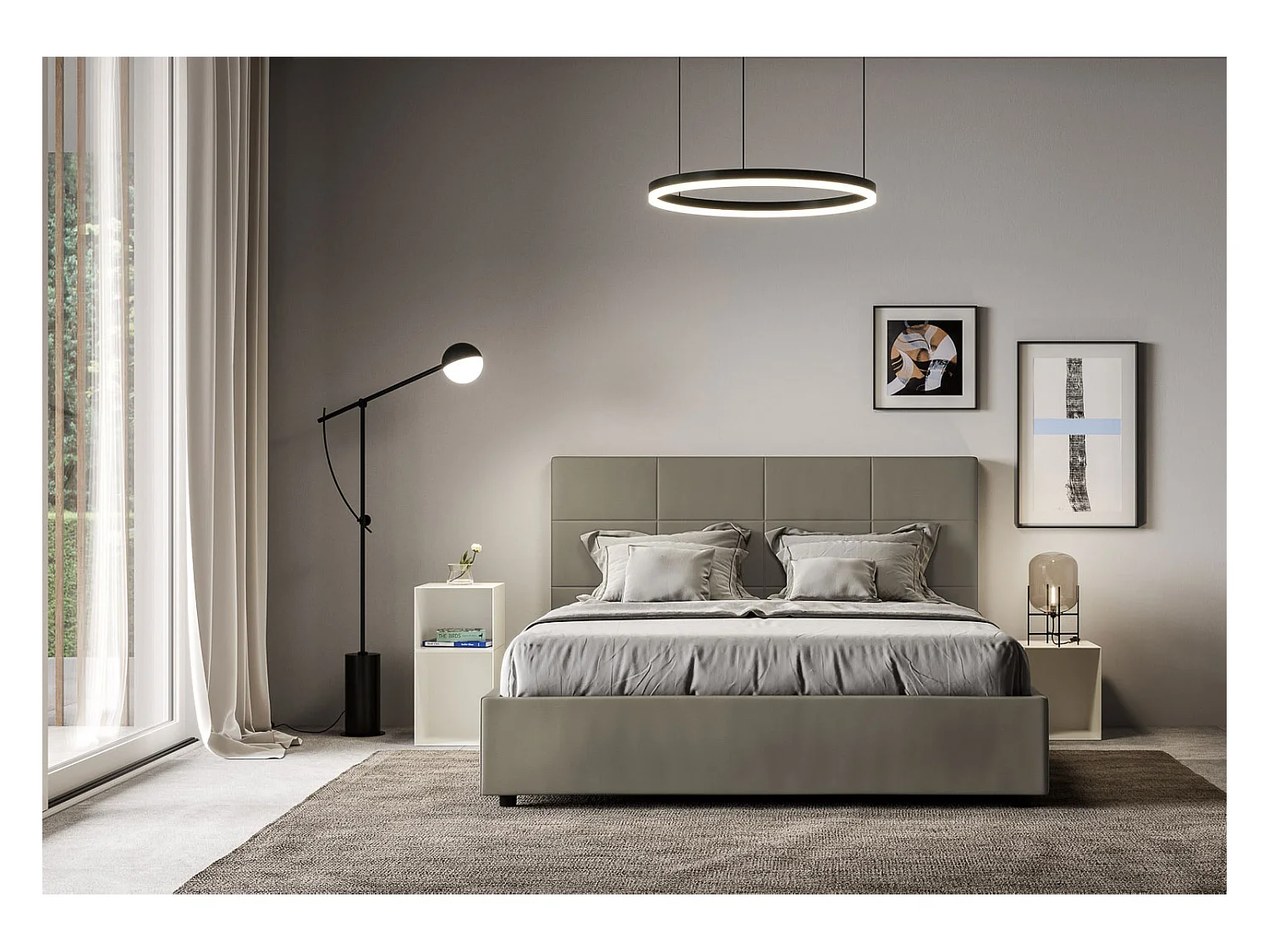 Cama de casal queen size com arrumação estofada 160x200 pele sintética cappuccino Mika