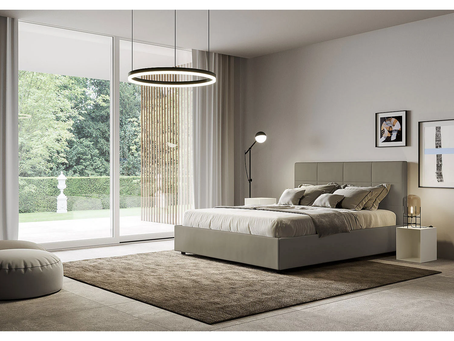 Cama de casal queen size com arrumação estofada 160x200 pele sintética cappuccino Mika