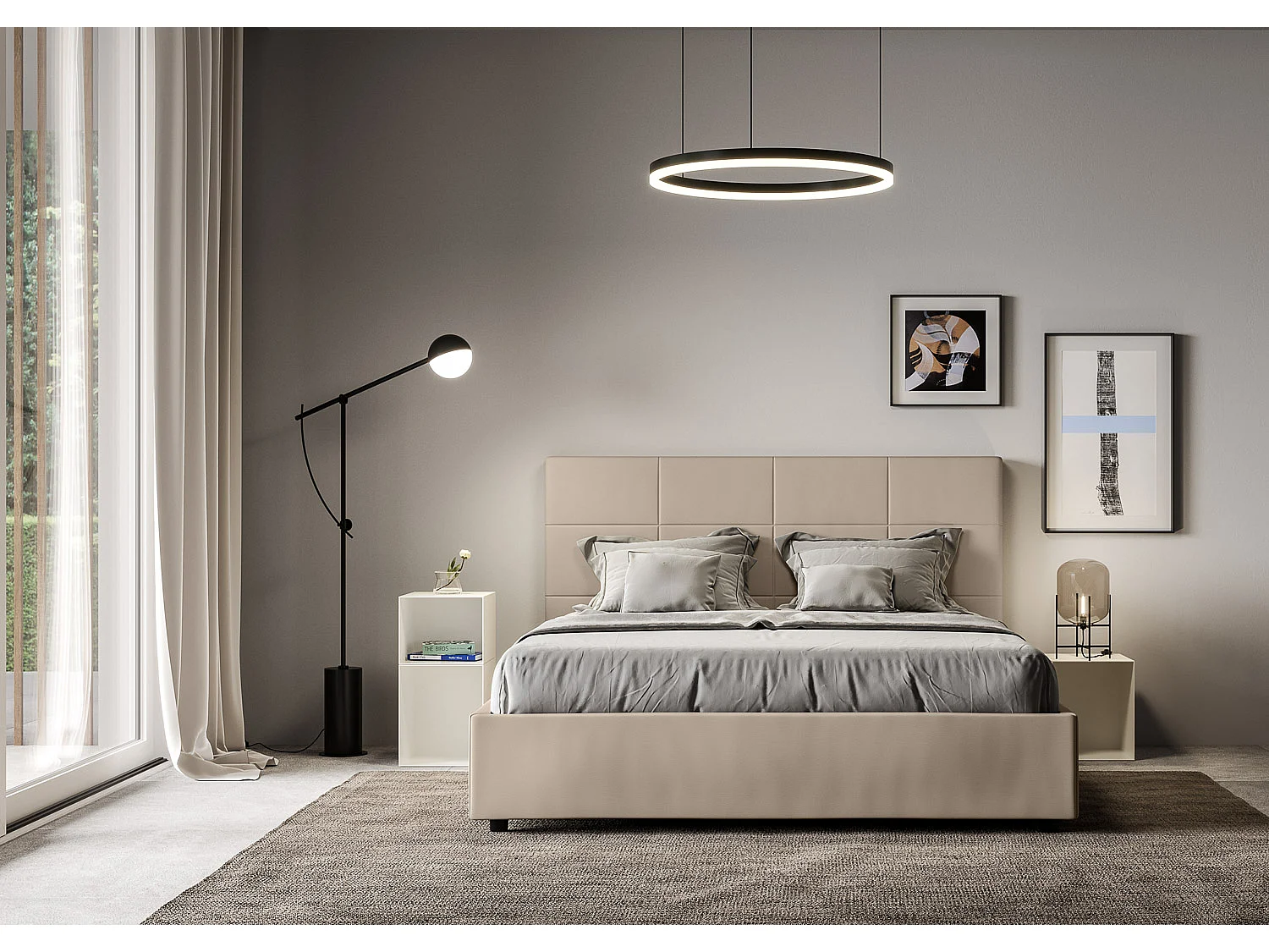 Lit coffre rembourré 160x200 similicuir taupe Mika