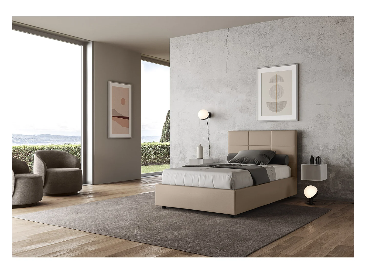 Cama contenedor tapizada en símil piel gris tórtola Mika 140x190