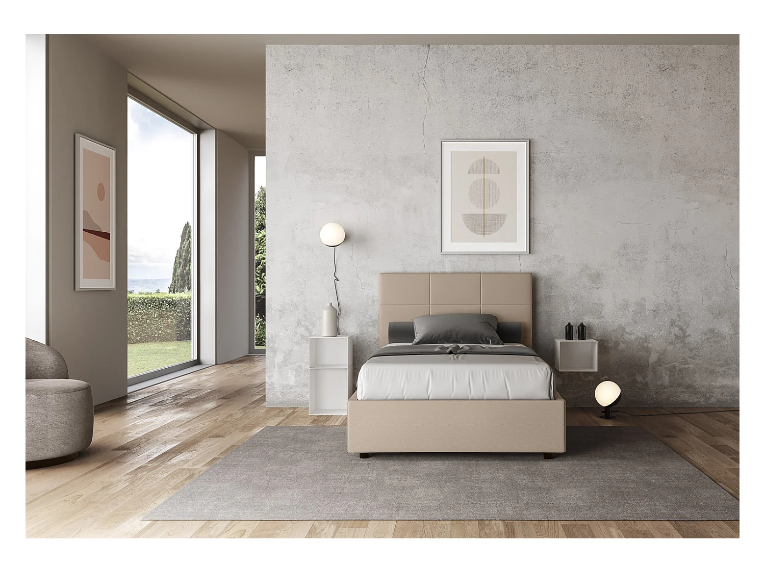 Lit coffre rembourrée 140x190 similicuir taupe Mika