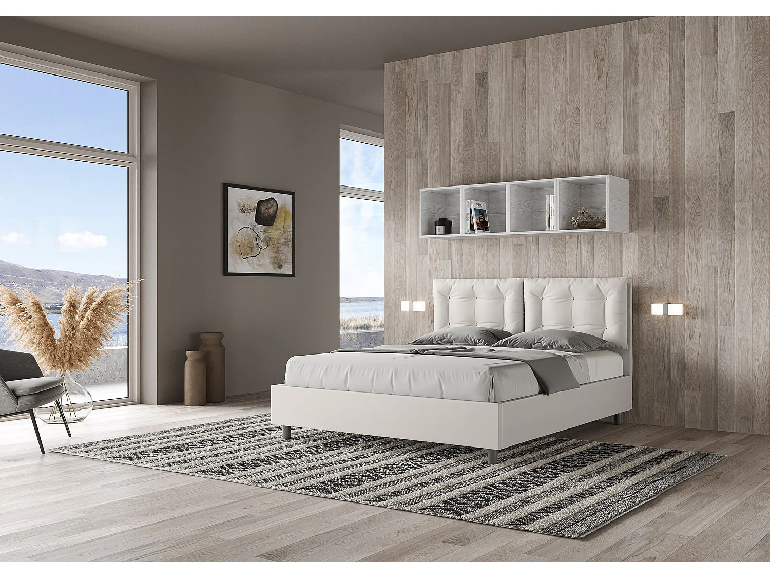 Cama de casal queen size com arrumação estofada 160x200 pele sintética branco Annalisa