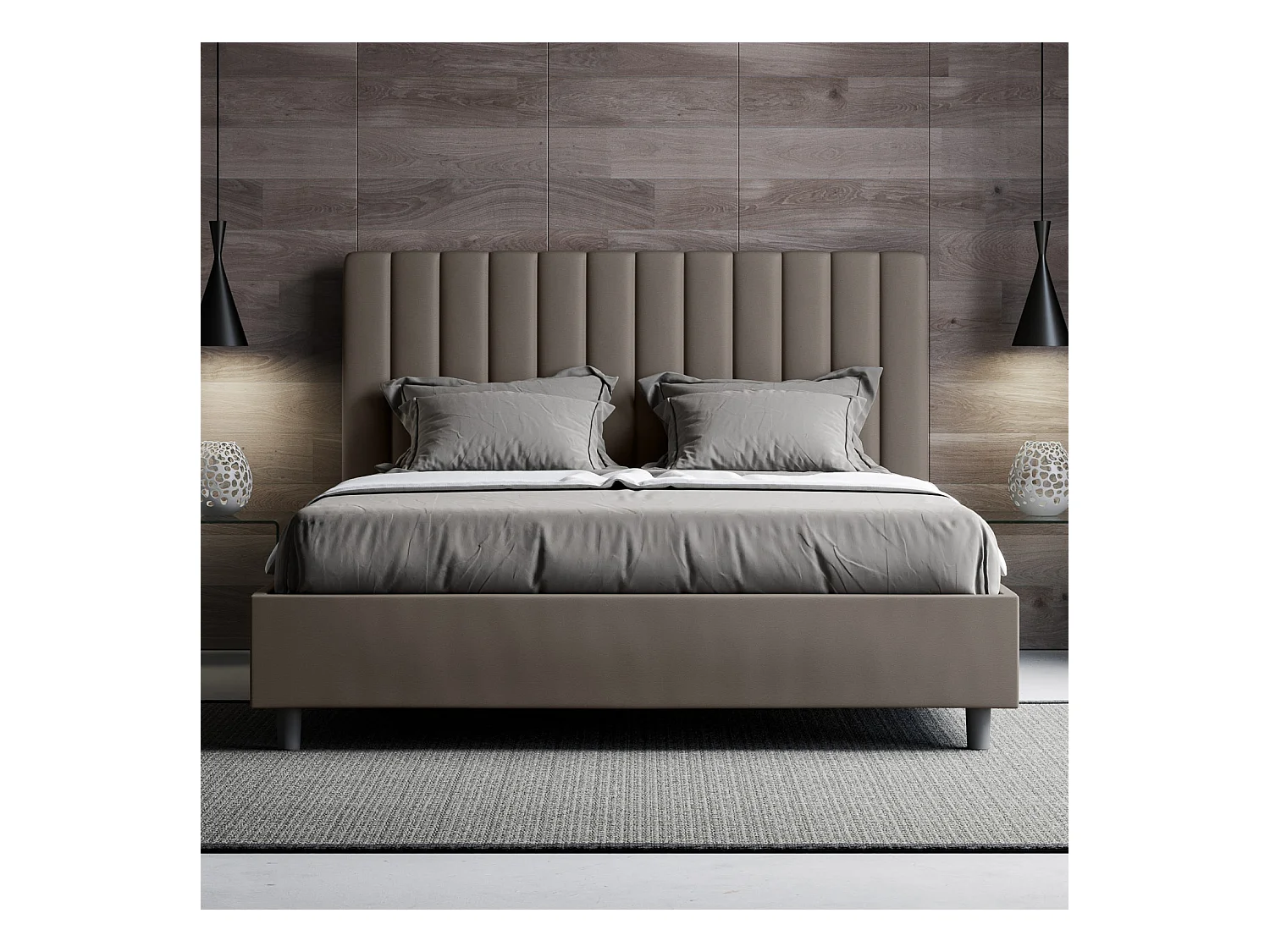 Cama tapizada diseño italiano 120x190 cm blanco imitación piel Nighty Con somier y sin box-Color Marrón-Ropa de cama 160x200 cm-Opción Con base y caja