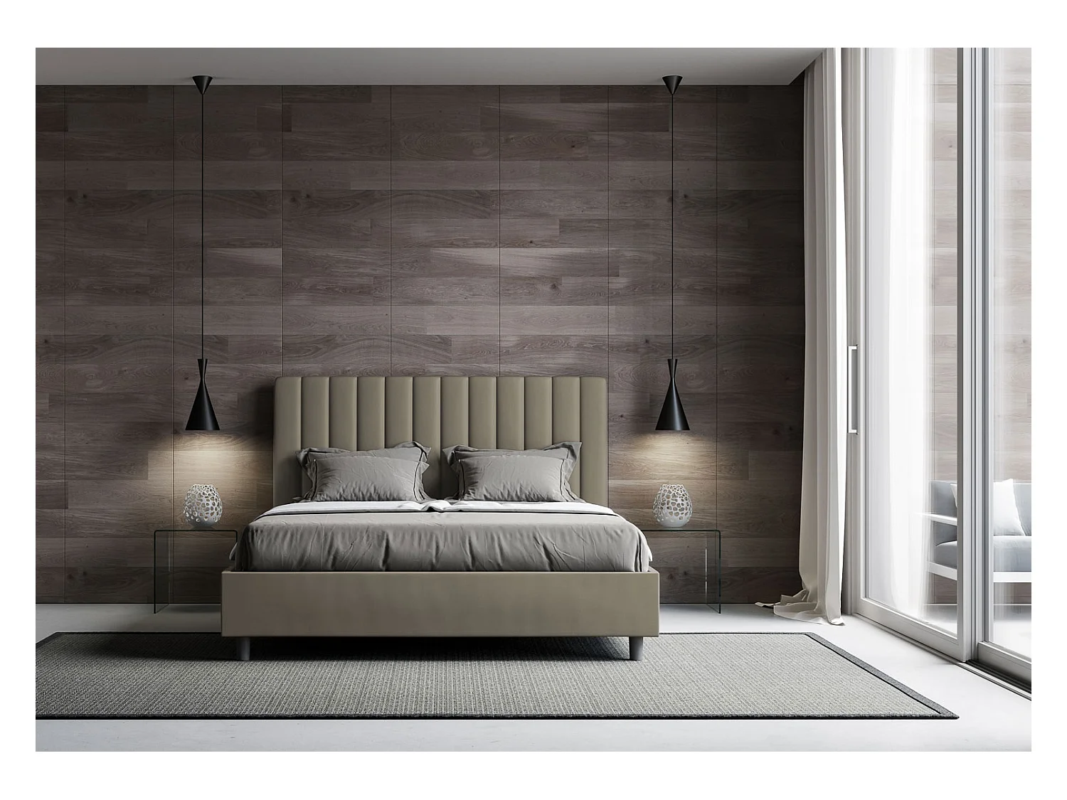 Cama tapizada diseño italiano 120x190 cm blanco imitación piel Nighty Con somier y sin box-Color Marrón-Ropa de cama 160x200 cm-Opción Con base y caja