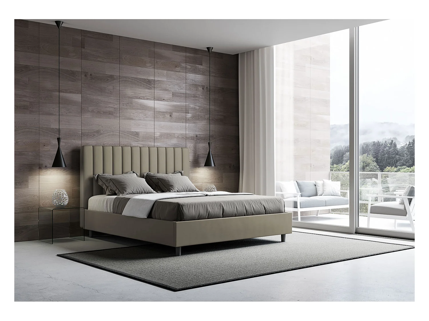 Cama tapizada diseño italiano 120x190 cm blanco imitación piel Nighty Con somier y sin box-Color Marrón-Ropa de cama 160x200 cm-Opción Con base y caja