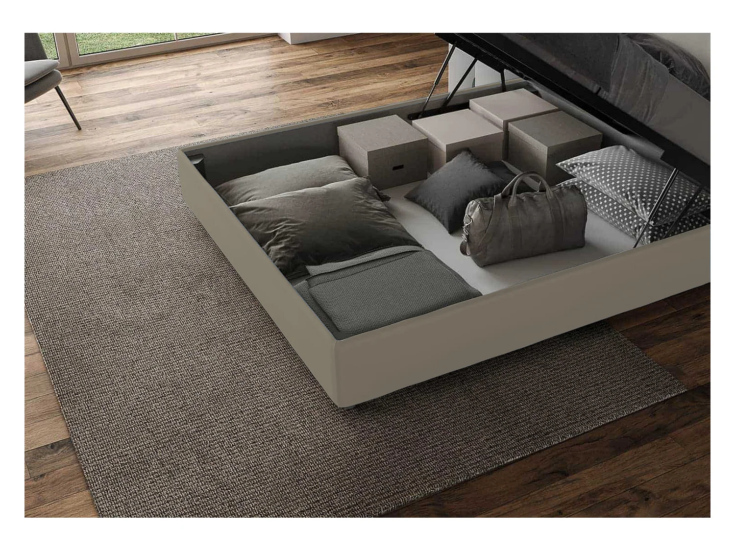 Cama tapizada diseño italiano 120x190 cm blanco imitación piel Nighty Con somier y sin box-Color Marrón-Ropa de cama 160x200 cm-Opción Con base y caja