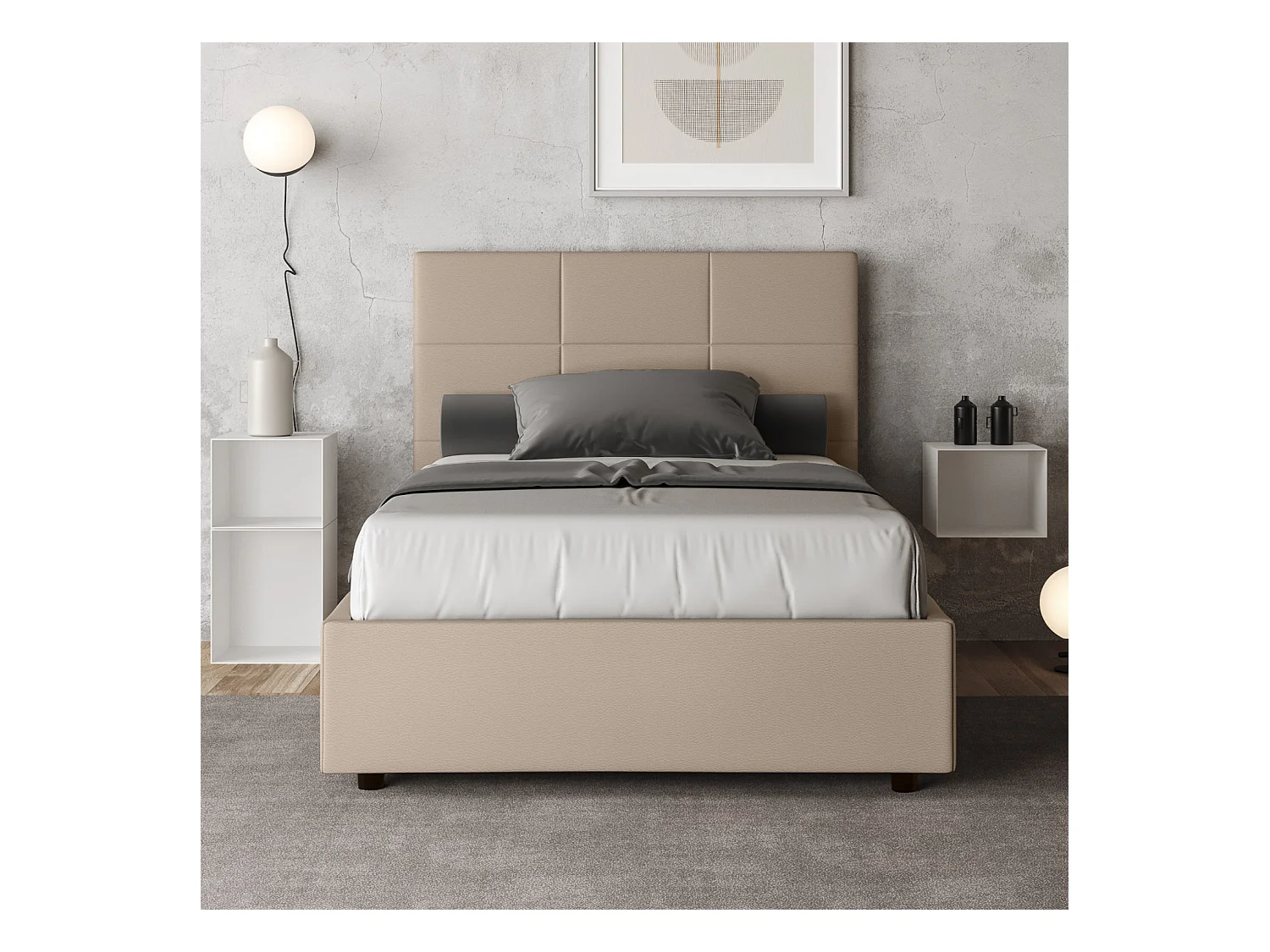 Cama contenedor tapizada en símil piel gris tórtola Mika 140x200