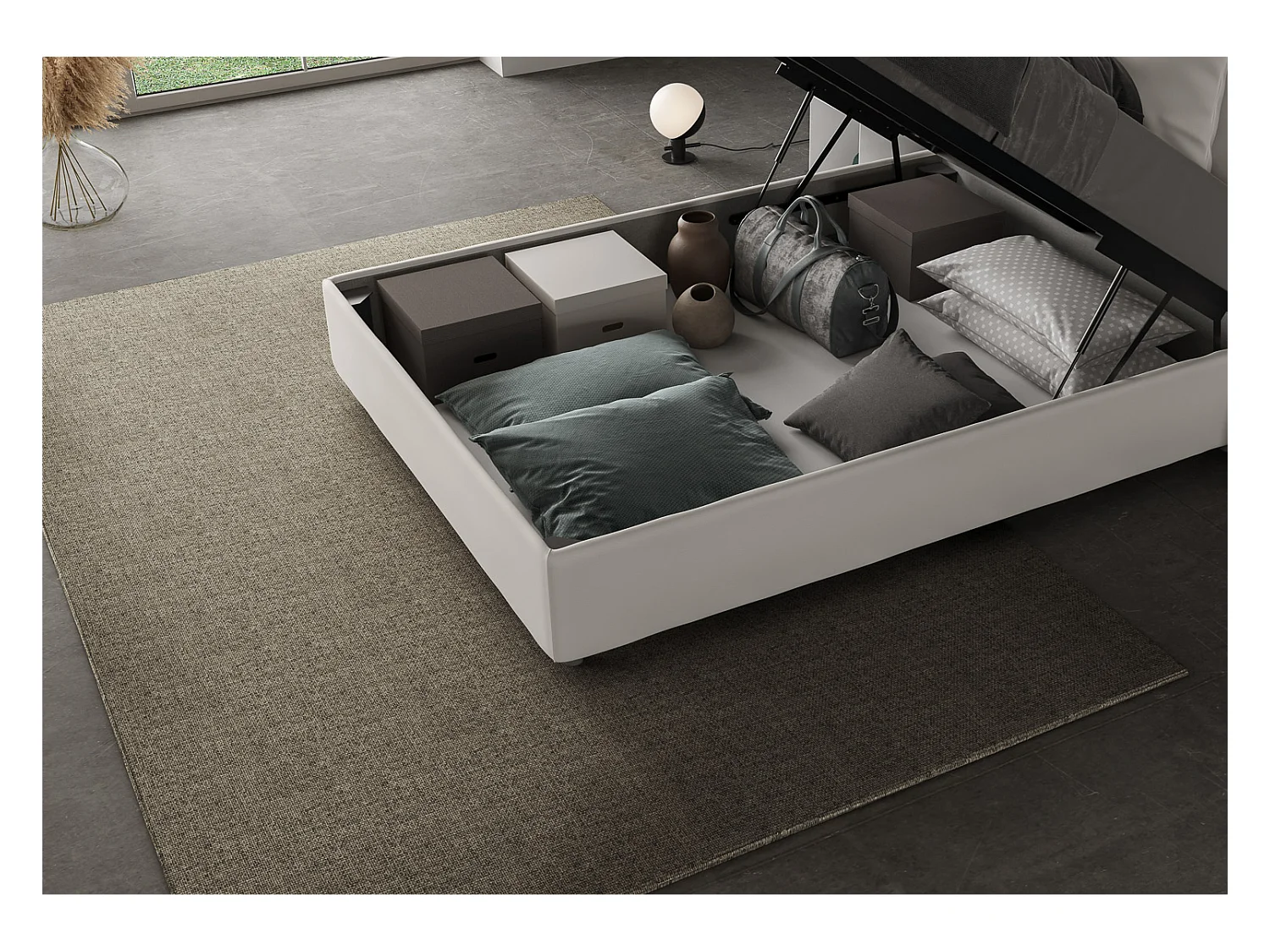 Cama de corpo e meio com arrumação estofada 120x210 pele sintética branco Agueda