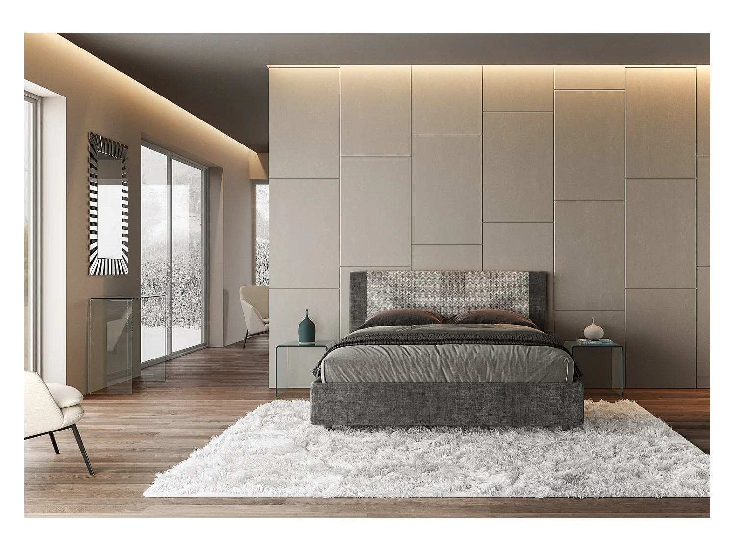 Lit coffre rembourrée 160x200 tissu Labirinto 02 gris Rosal