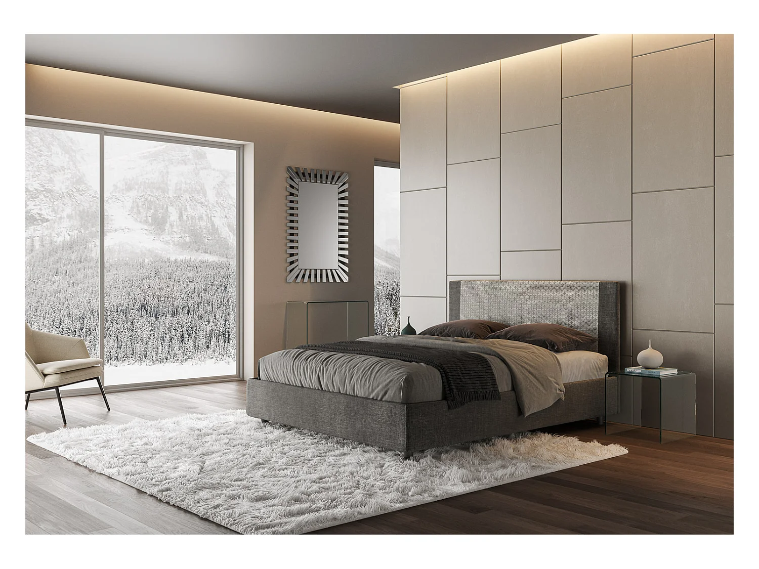 Lit coffre rembourrée 160x200 tissu Labirinto 02 gris Rosal