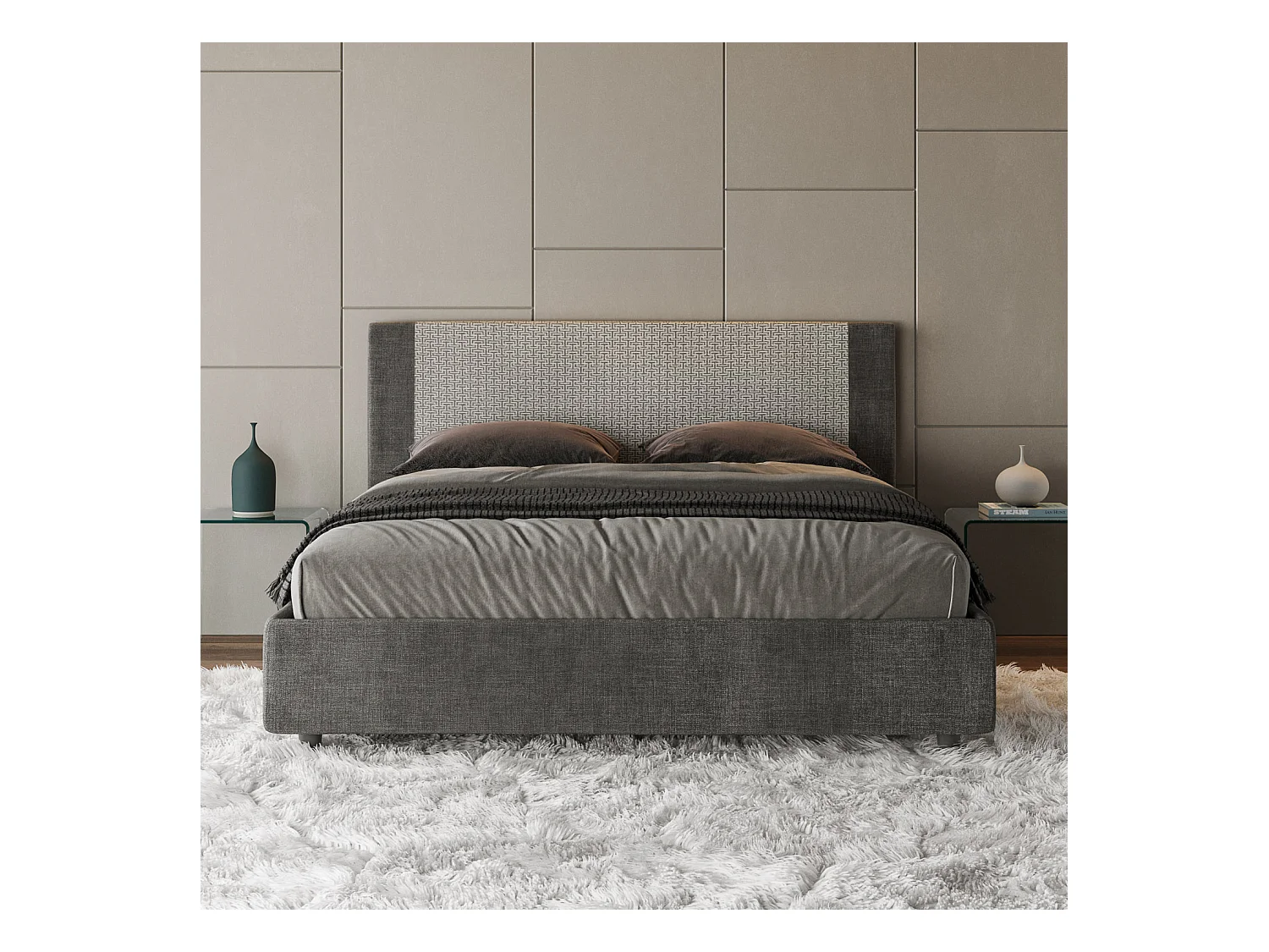 Lit coffre rembourrée 160x200 tissu Labirinto 02 gris Rosal