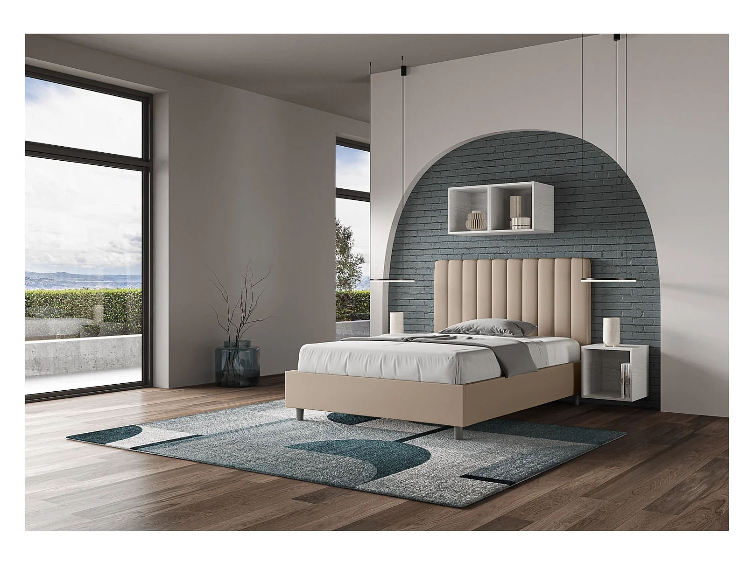 Cama contenedor tapizada símil piel gris tórtola Agueda 120x200