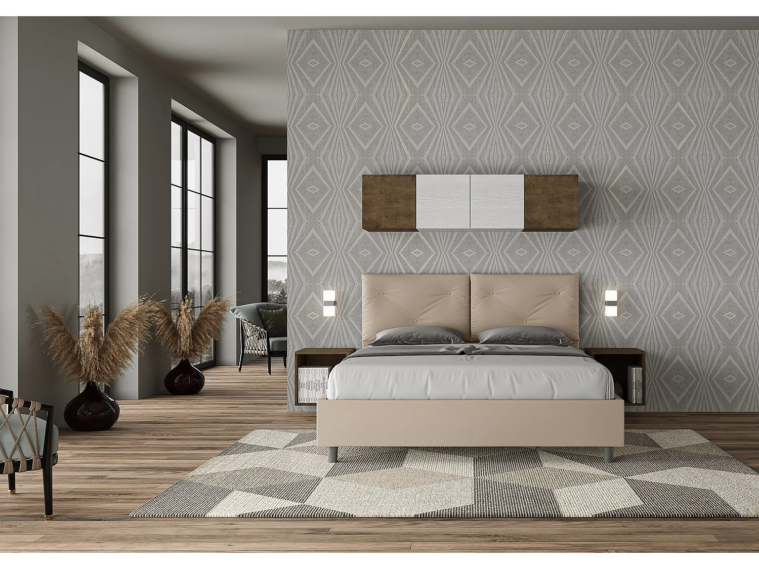 Gepolstertes Bett mit Bettkasten 160x200 mit Kunstlederbezug Taubengrau Appia