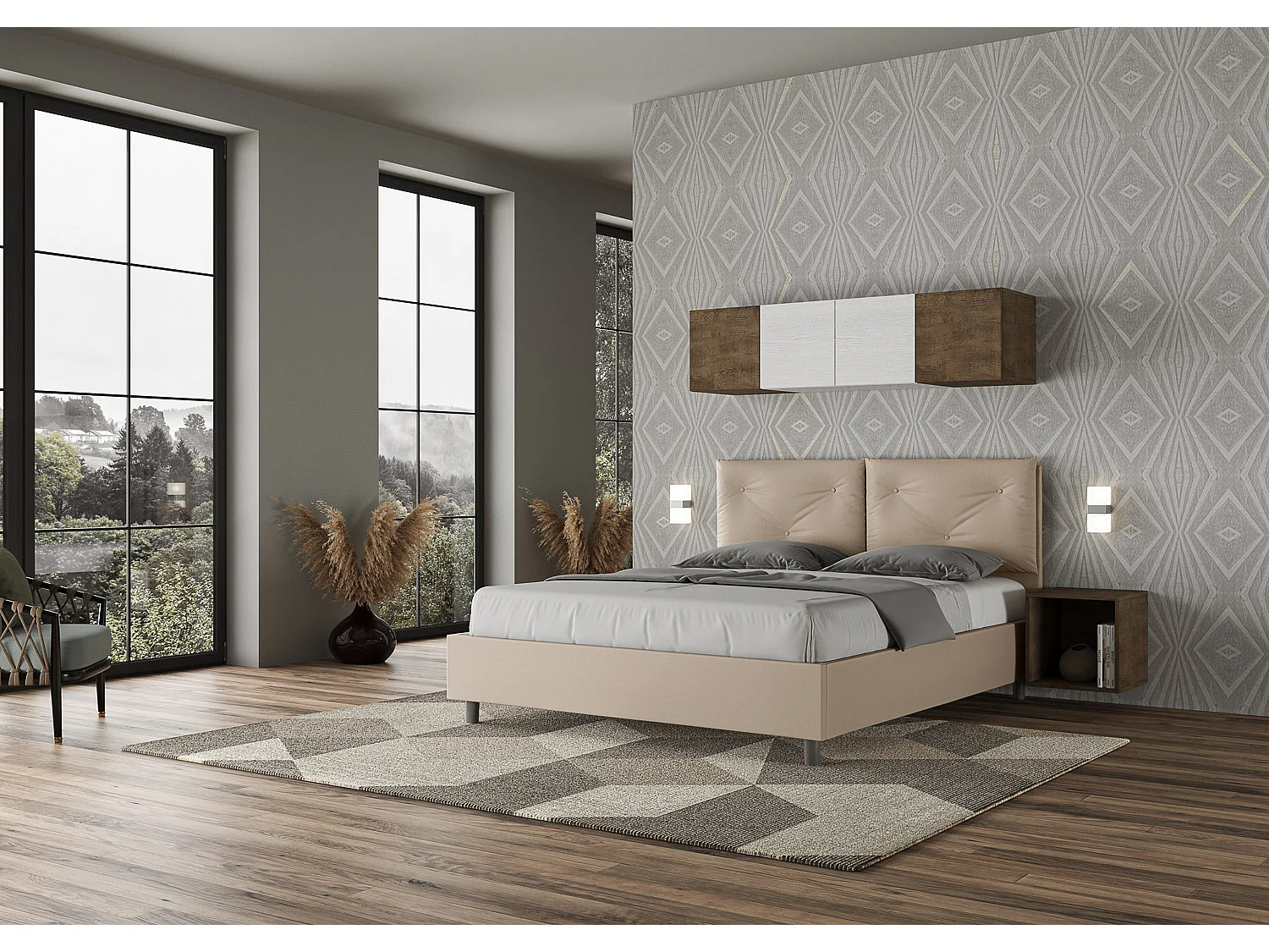 Gepolstertes Bett mit Bettkasten 160x200 mit Kunstlederbezug Taubengrau Appia