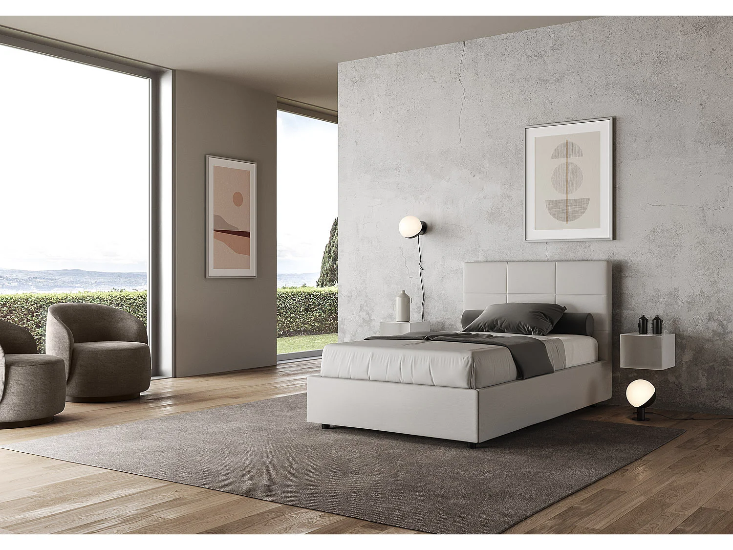 Lit double coffre rembourré 140x190 similicuir blanc Mika