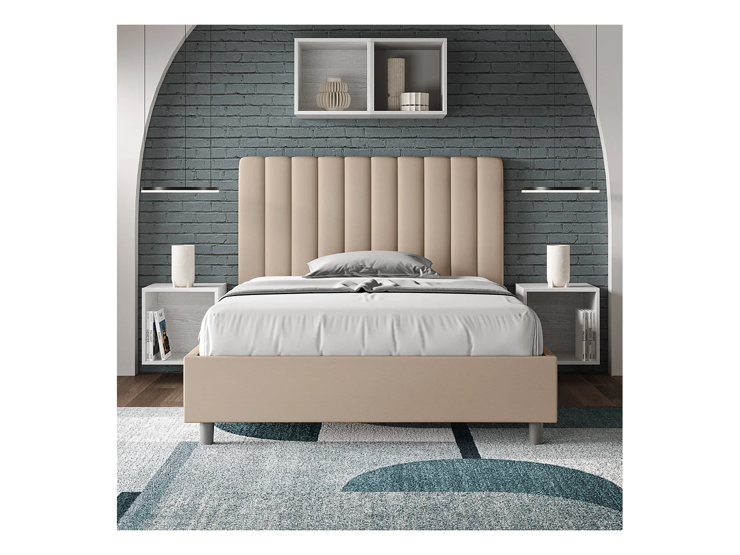 Gewatteerd tweepersoonsbed met verticale lijnen in kunstleer Nora-Kleur Beige-Slapen 120x190cm-Keuze Met kofferbak