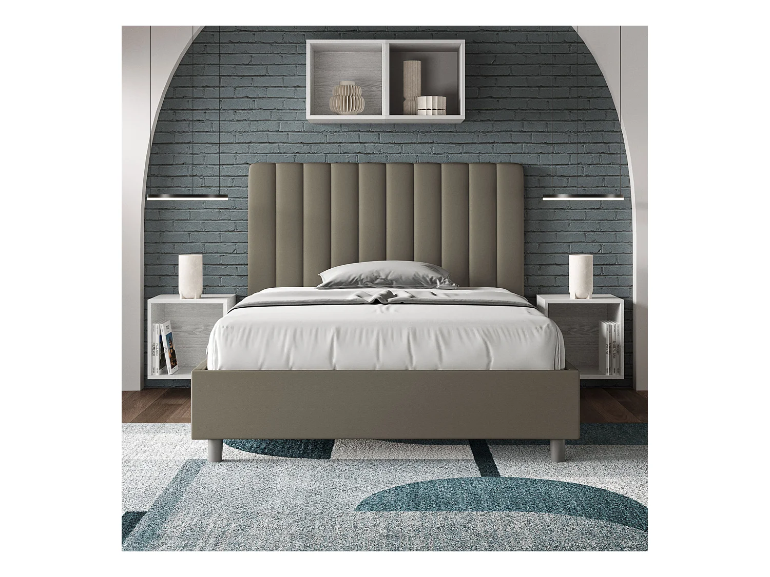 Cama de casal com arrumação estofada 140x190 pele sintética cappuccino Agueda