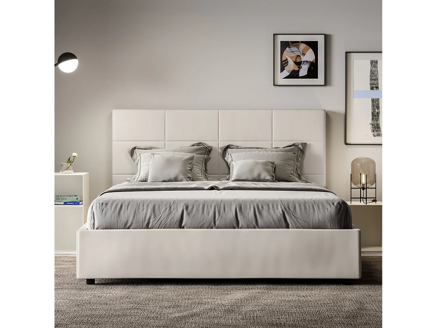 Lit coffre rembourré 160x200 similicuir blanc Mika