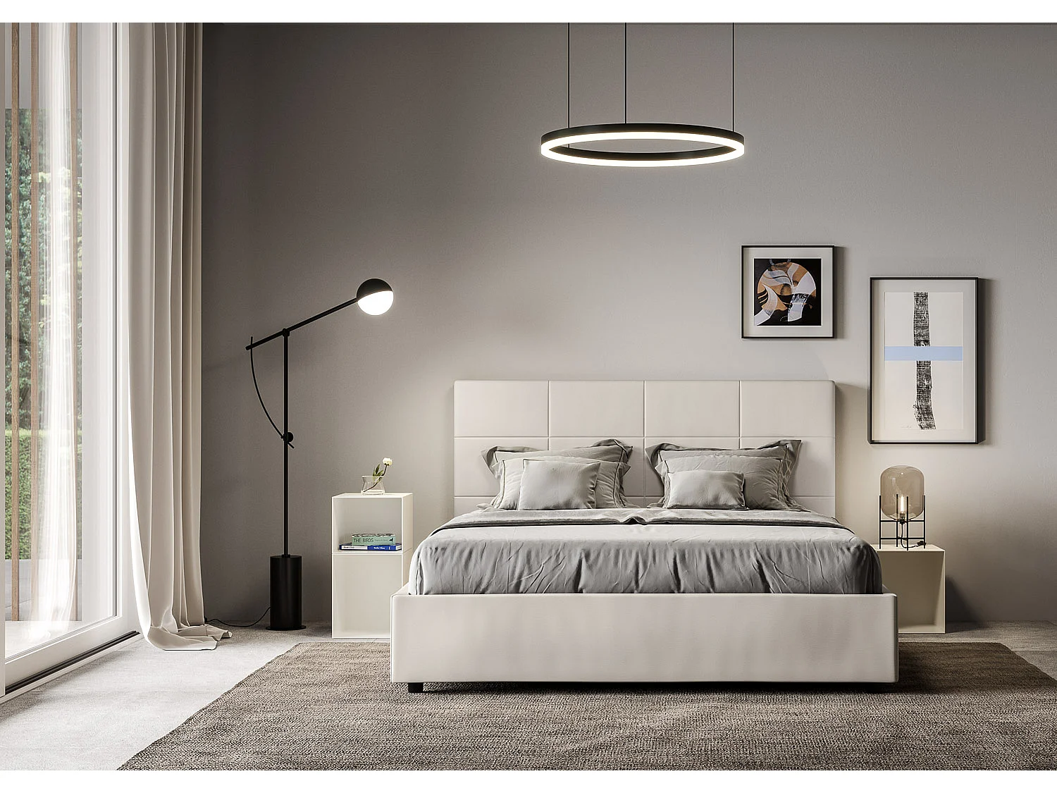 Lit coffre rembourré 160x200 similicuir blanc Mika