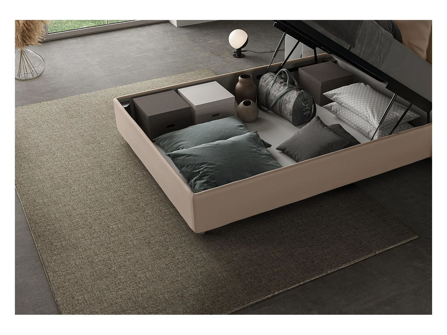 Cama queen size Mika con contenedor acolchado 120x190 símil piel gris tórtola