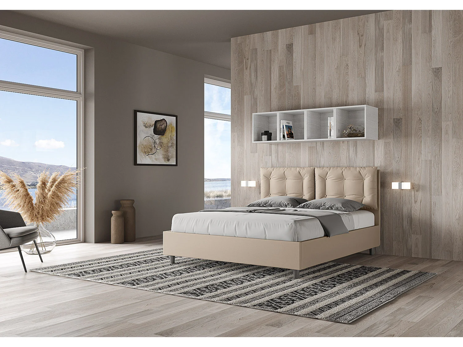 Lit sans sommier rembourré 160x200 similicuir taupe Annalisa