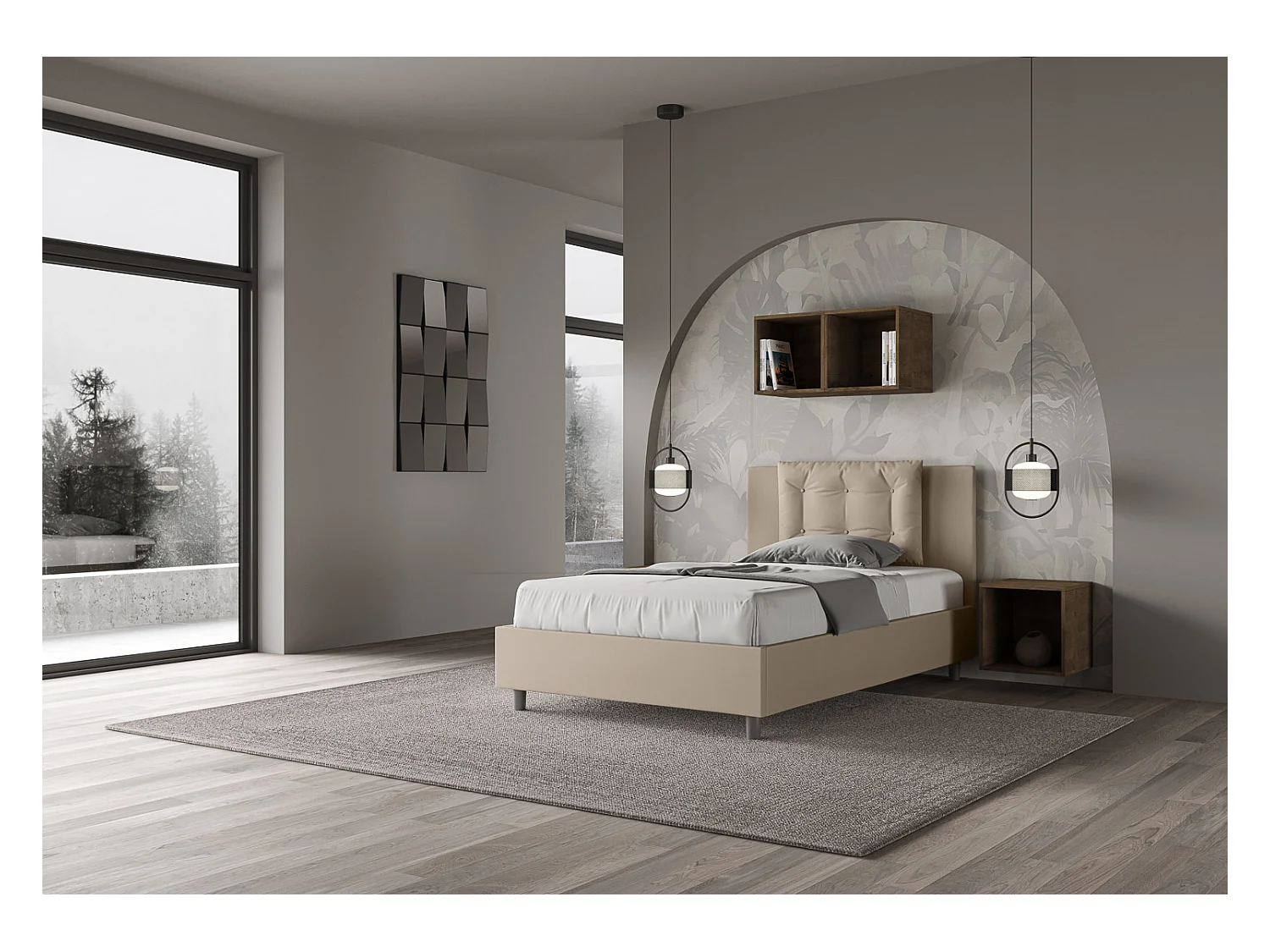 Cama Annalisa tapizada símil piel gris tórtola sin somier 120x210