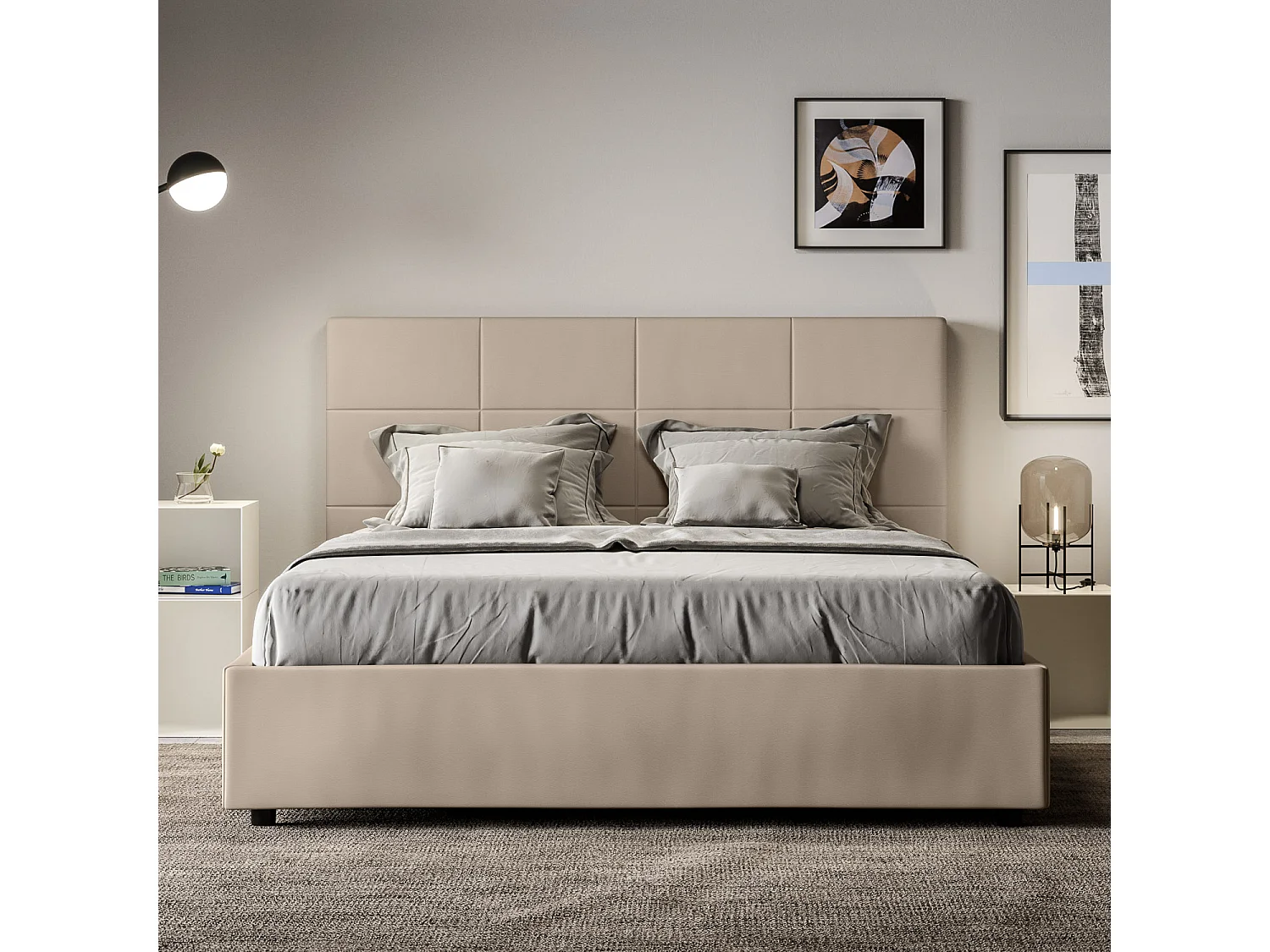 Lit sans sommier rembourré 160x200 similicuir taupe Mika