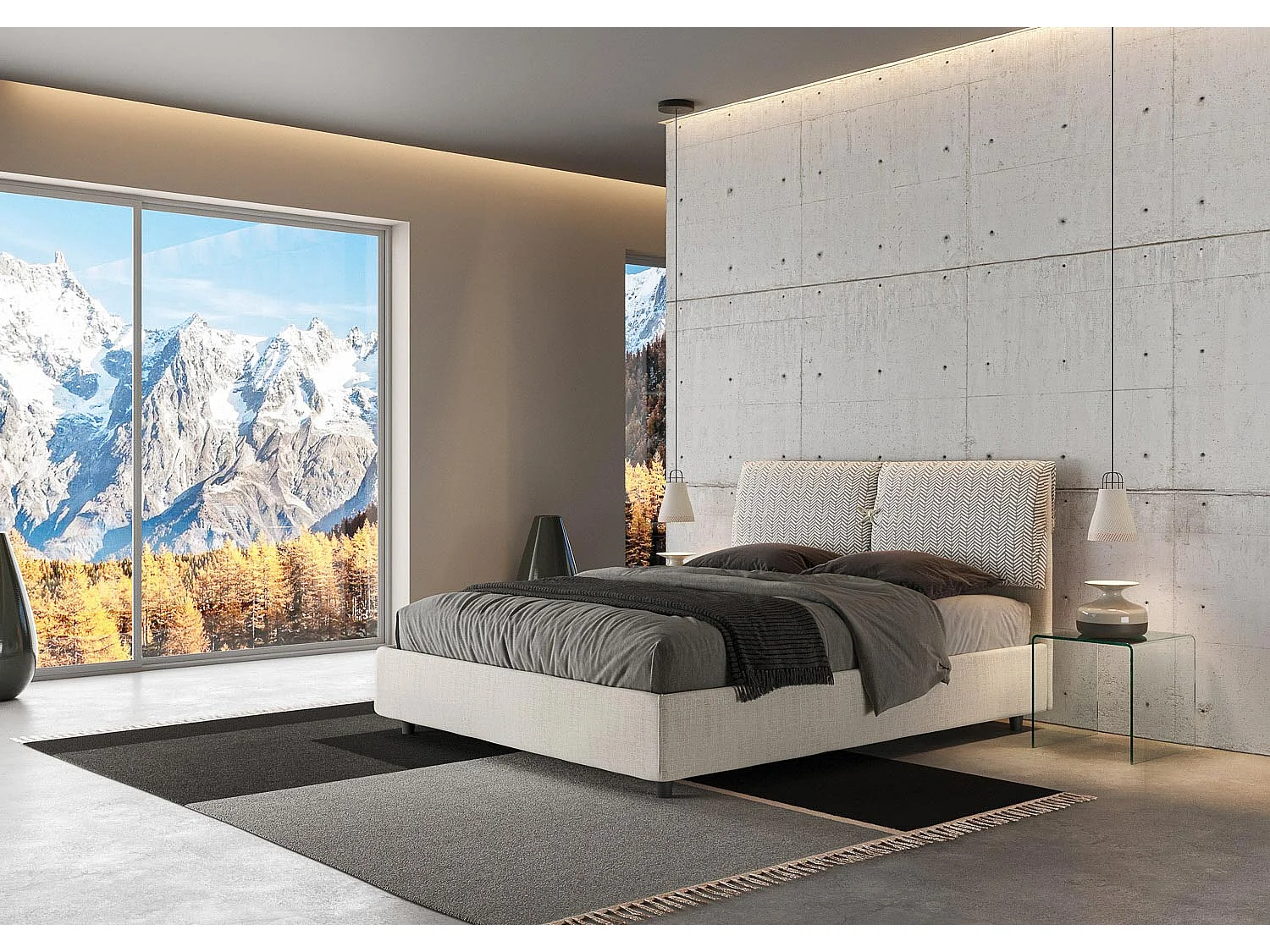 Lit avec sommier rembourré 160x210 tissu Aragona 1 blanc Mados