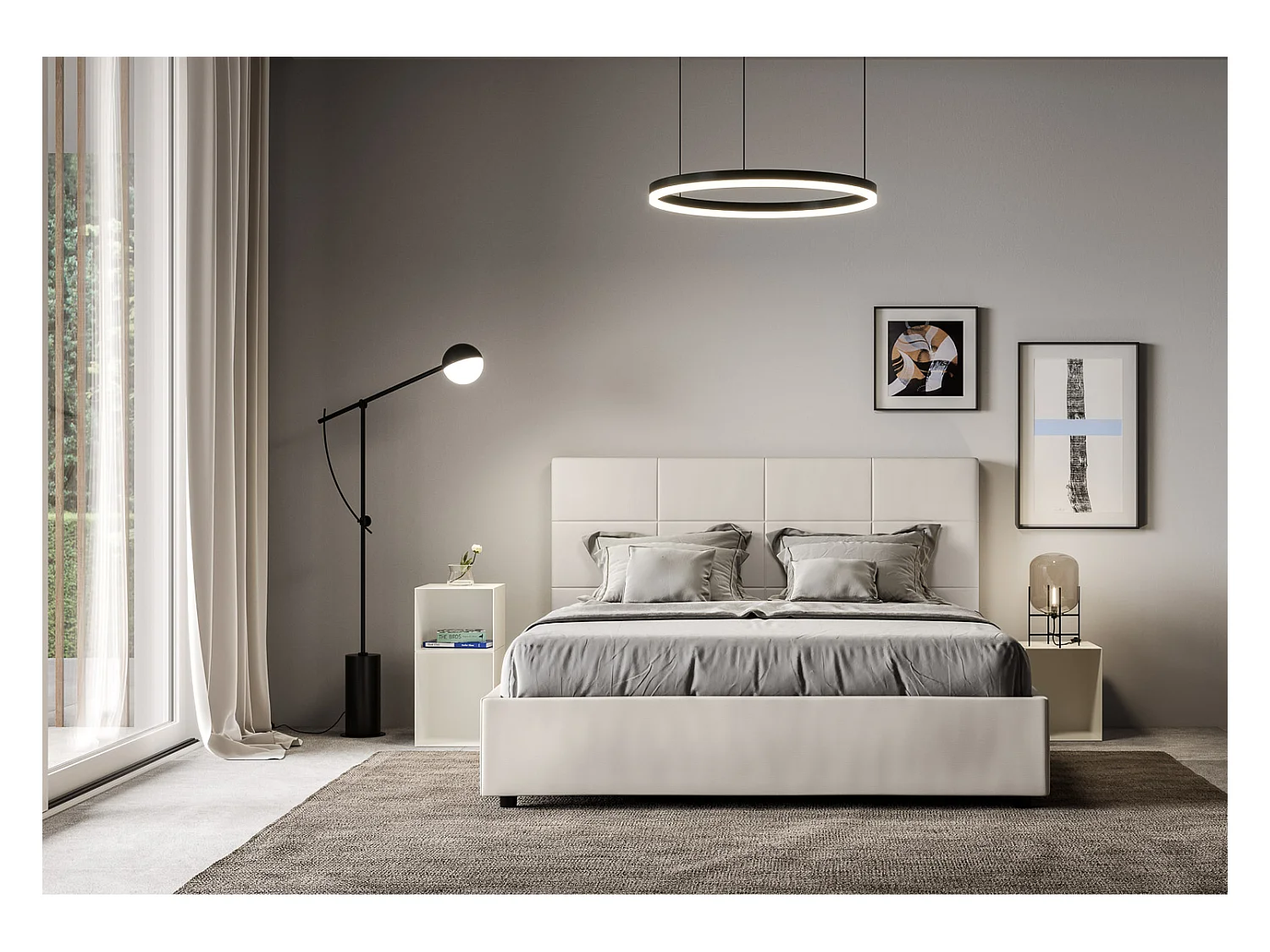 Lit avec sommier rembourrée 160x200 similicuir blanc Mika