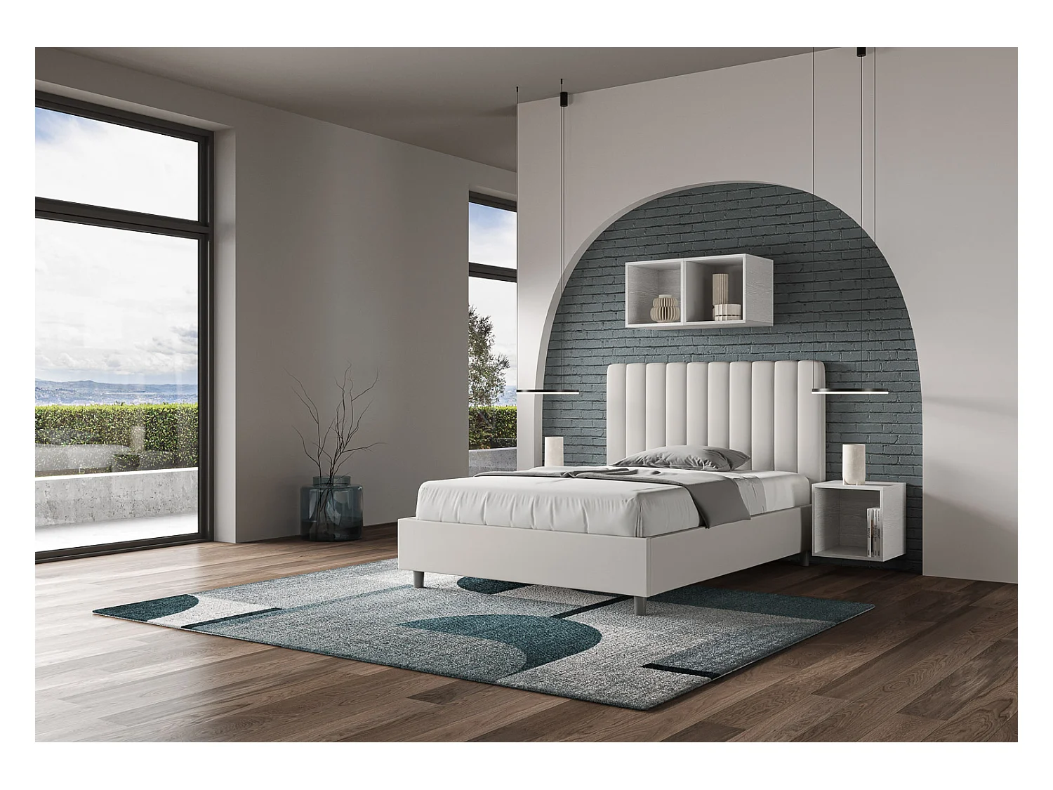 Cama Agueda símil piel blanca con base tapizada 120x210