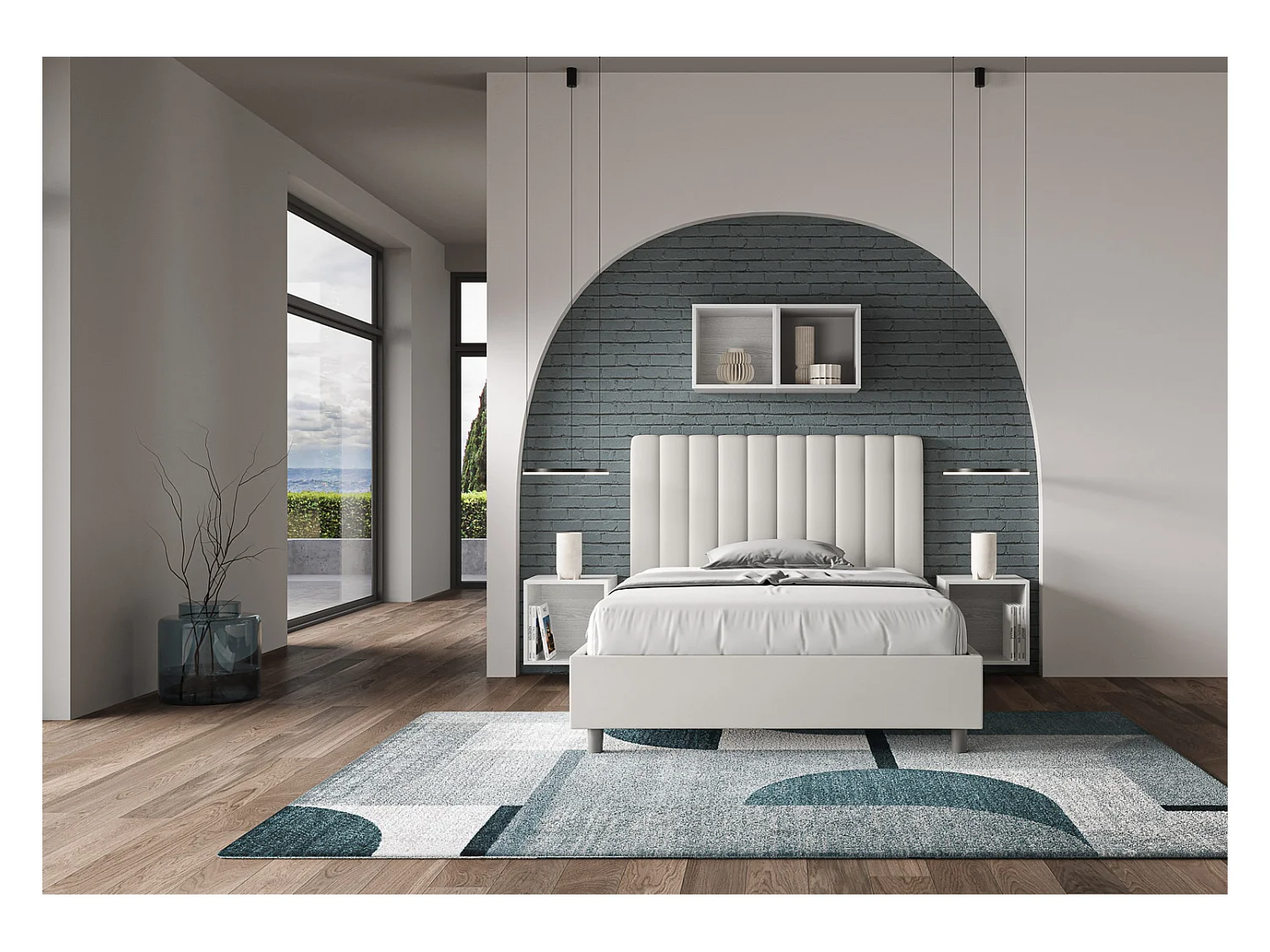 Gewatteerd tweepersoonsbed met verticale lijnen in kunstleer Nora-Kleur Wit-Slapen 140x200cm-Keuze Zonder boxspring