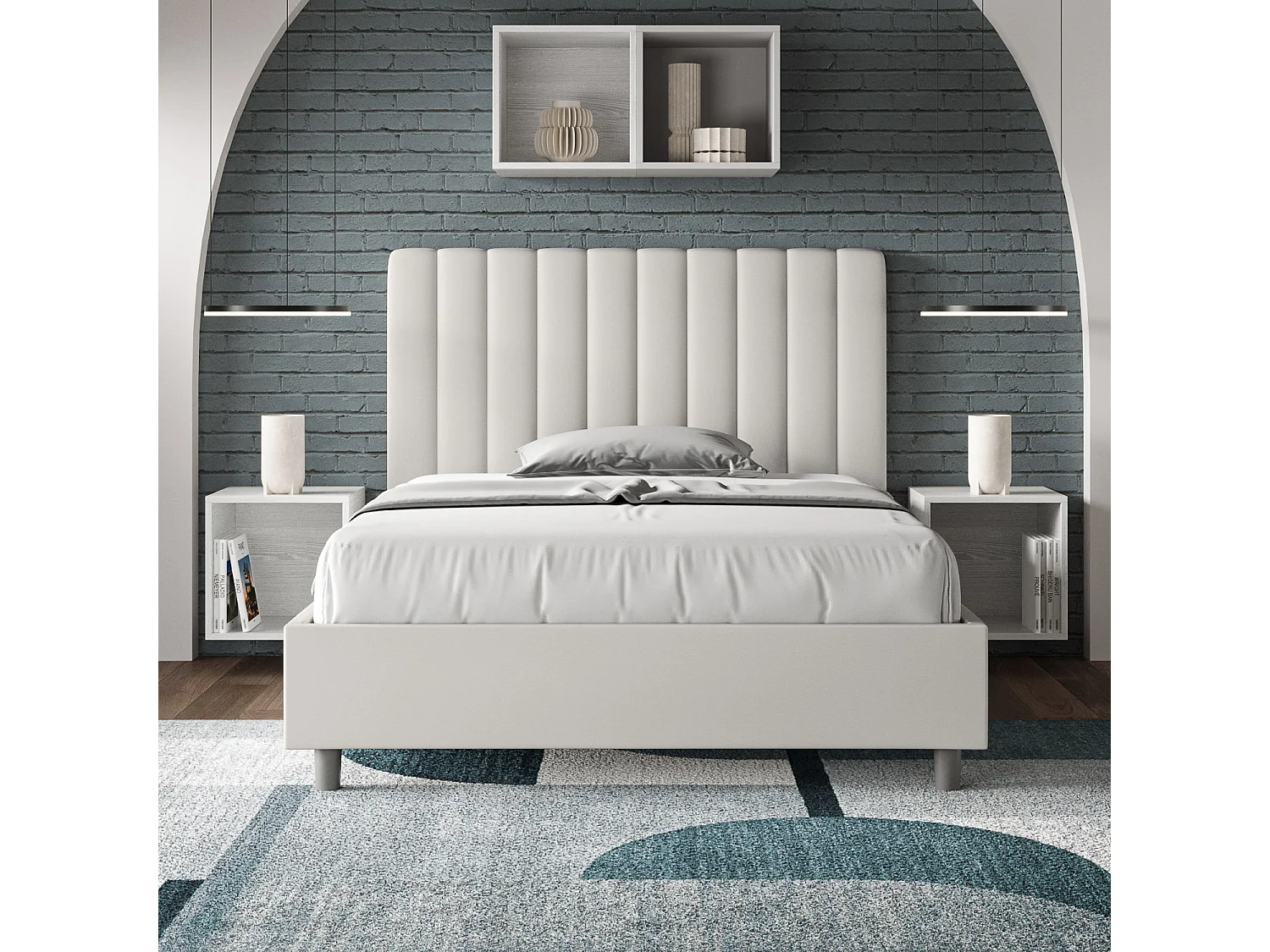 Lit double sans sommier rembourré 140x200 similicuir blanc Agueda