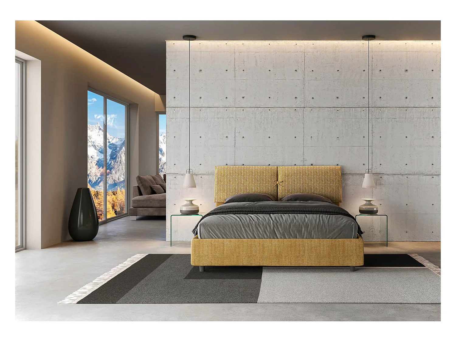 Lit avec sommier rembourrée 160x190 tissu Aragona 3 jaune Mados