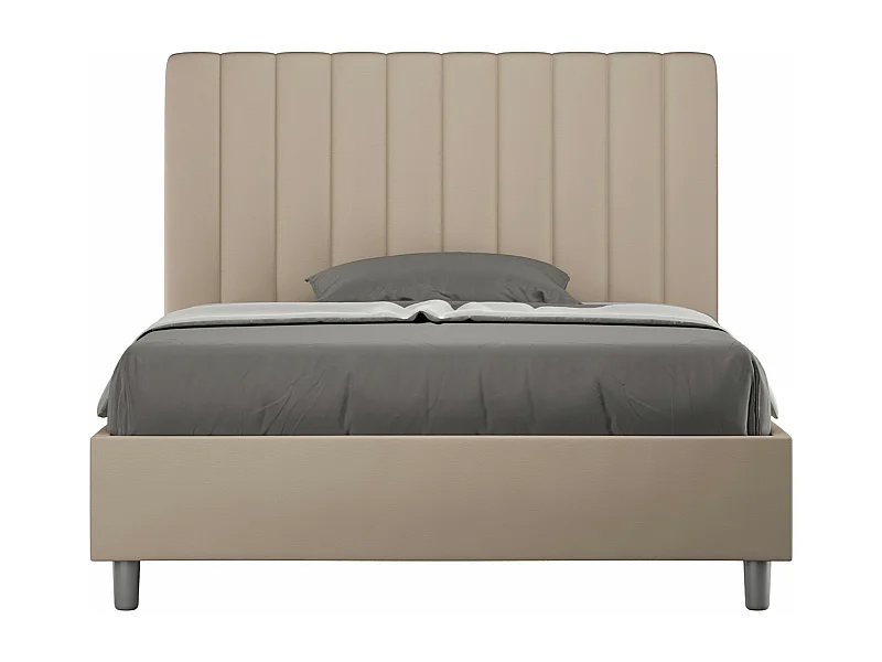 Gewatteerd tweepersoonsbed met verticale lijnen in kunstleer Nora-Kleur Beige-Slapen 140x190cm-Keuze Zonder boxspring
