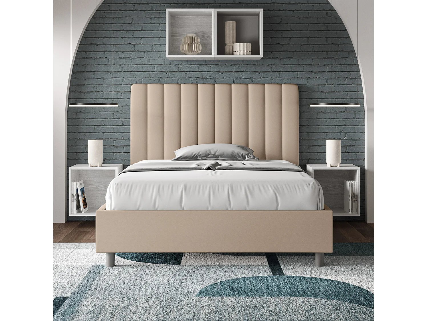Lit double sans sommier rembourré 140x190 similicuir taupe Agueda