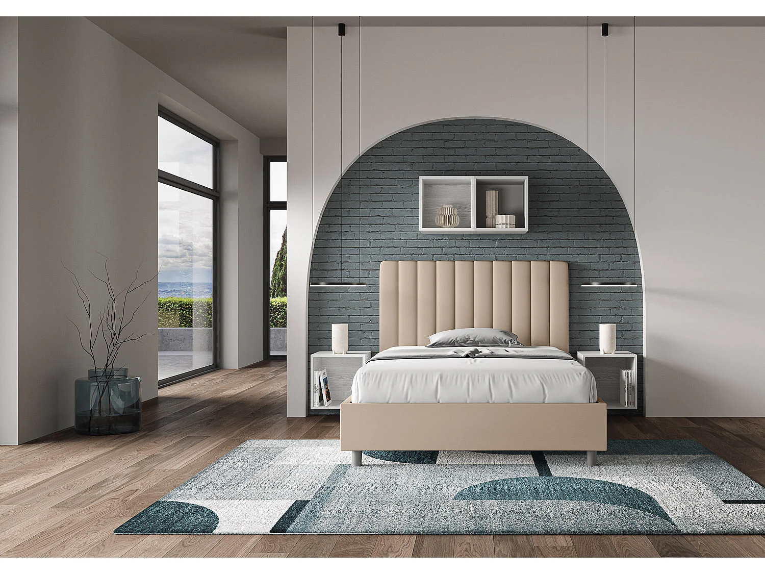 Lit double sans sommier rembourré 140x190 similicuir taupe Agueda