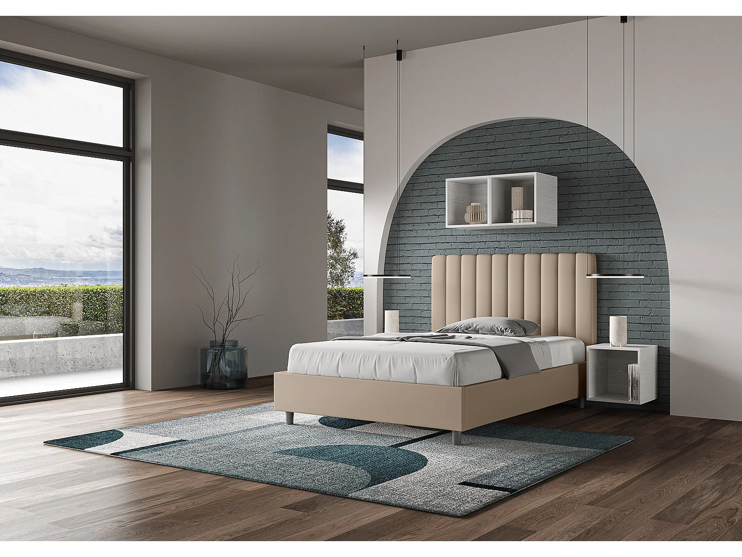 Lit double sans sommier rembourré 140x190 similicuir taupe Agueda