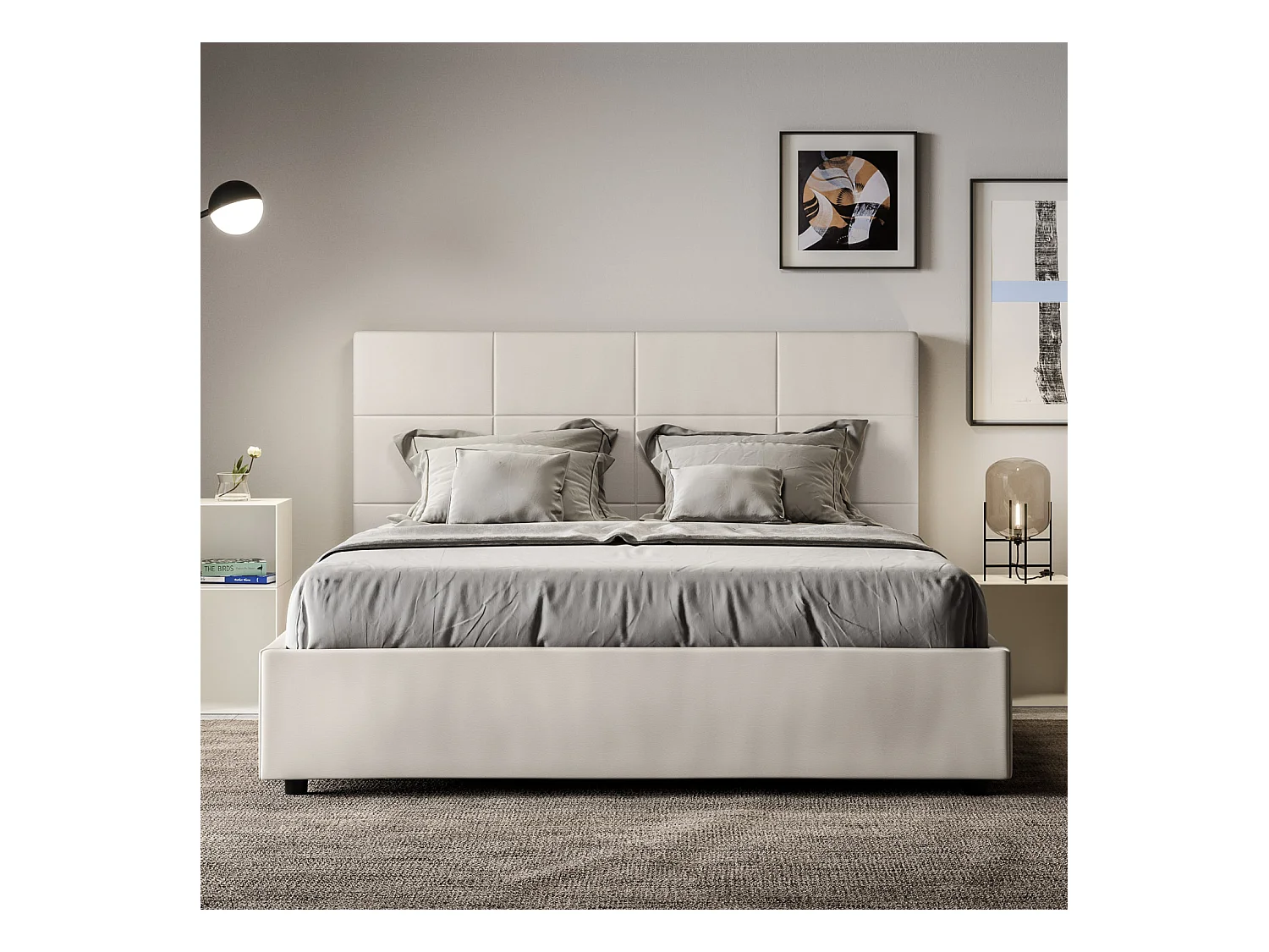 Lit avec sommier rembourrée 160x190 similicuir blanc Mika