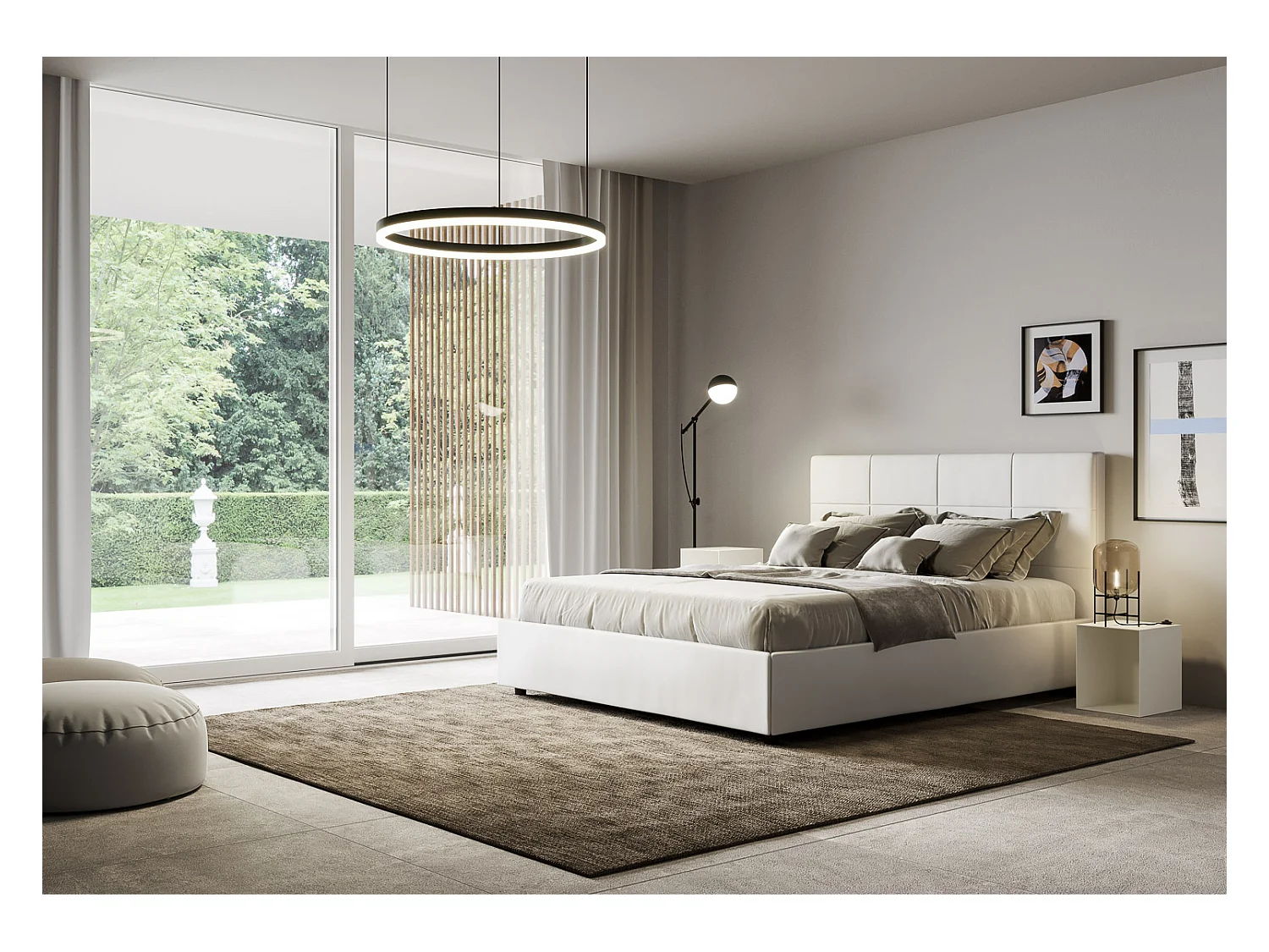 Lit sans sommier rembourré 160x200 similicuir blanc Mika