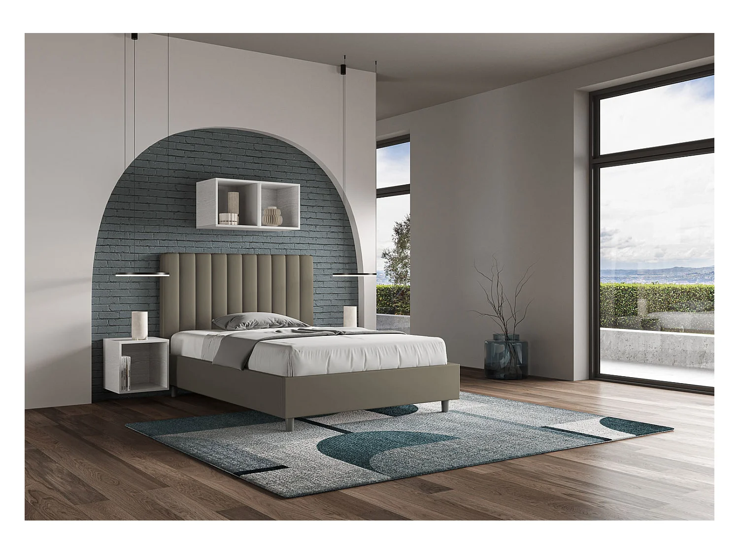 Gewatteerd tweepersoonsbed met verticale lijnen in kunstleer Nora-Kleur Bruin-Slapen 120x190cm-Keuze Zonder boxspring