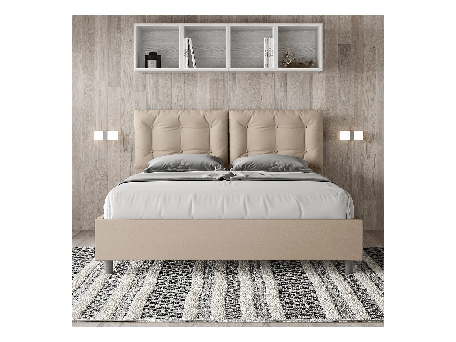 Cama de casal queen size con estrado estofada 160x200 pele sintética tortora Annalisa