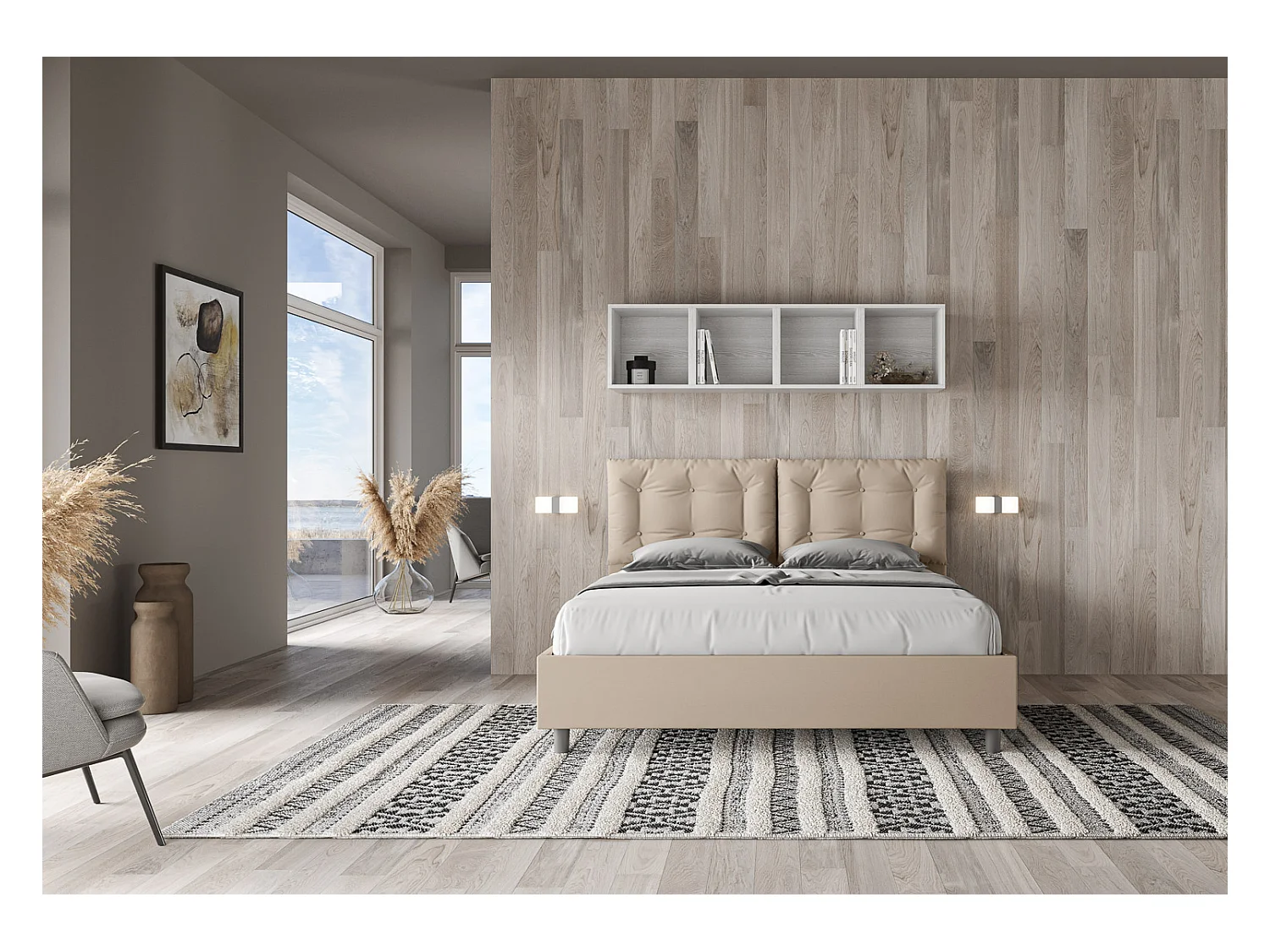 Cama de casal queen size con estrado estofada 160x200 pele sintética tortora Annalisa