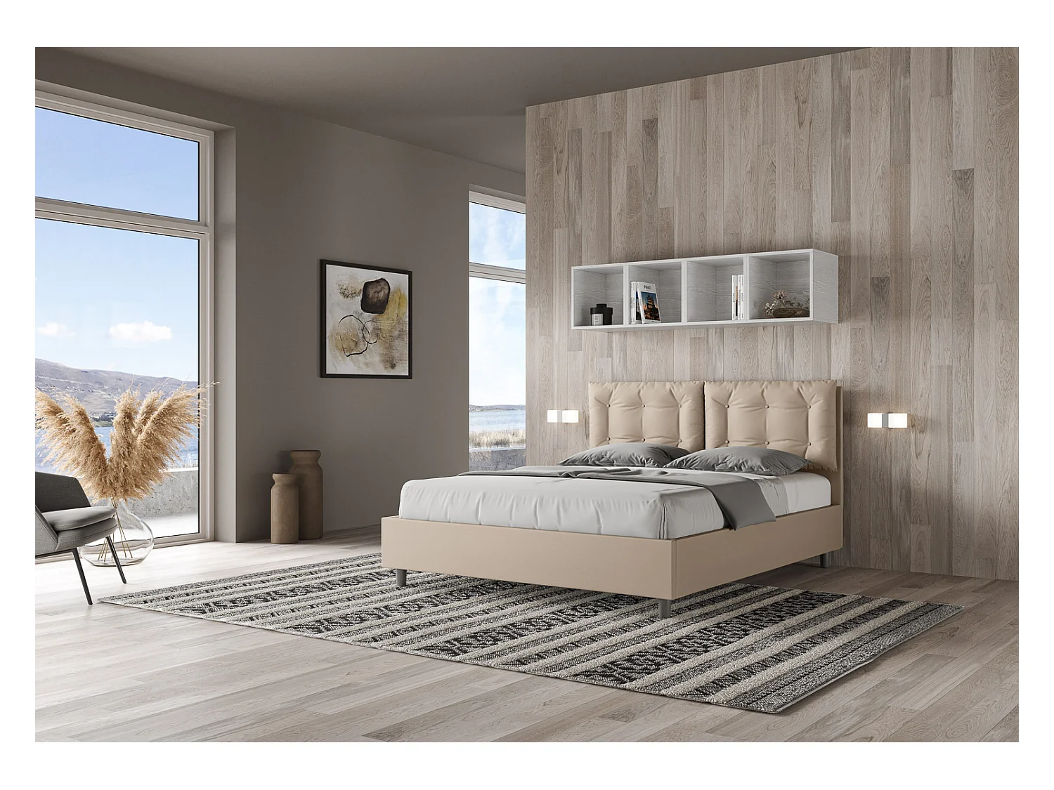 Cama de casal queen size con estrado estofada 160x200 pele sintética tortora Annalisa