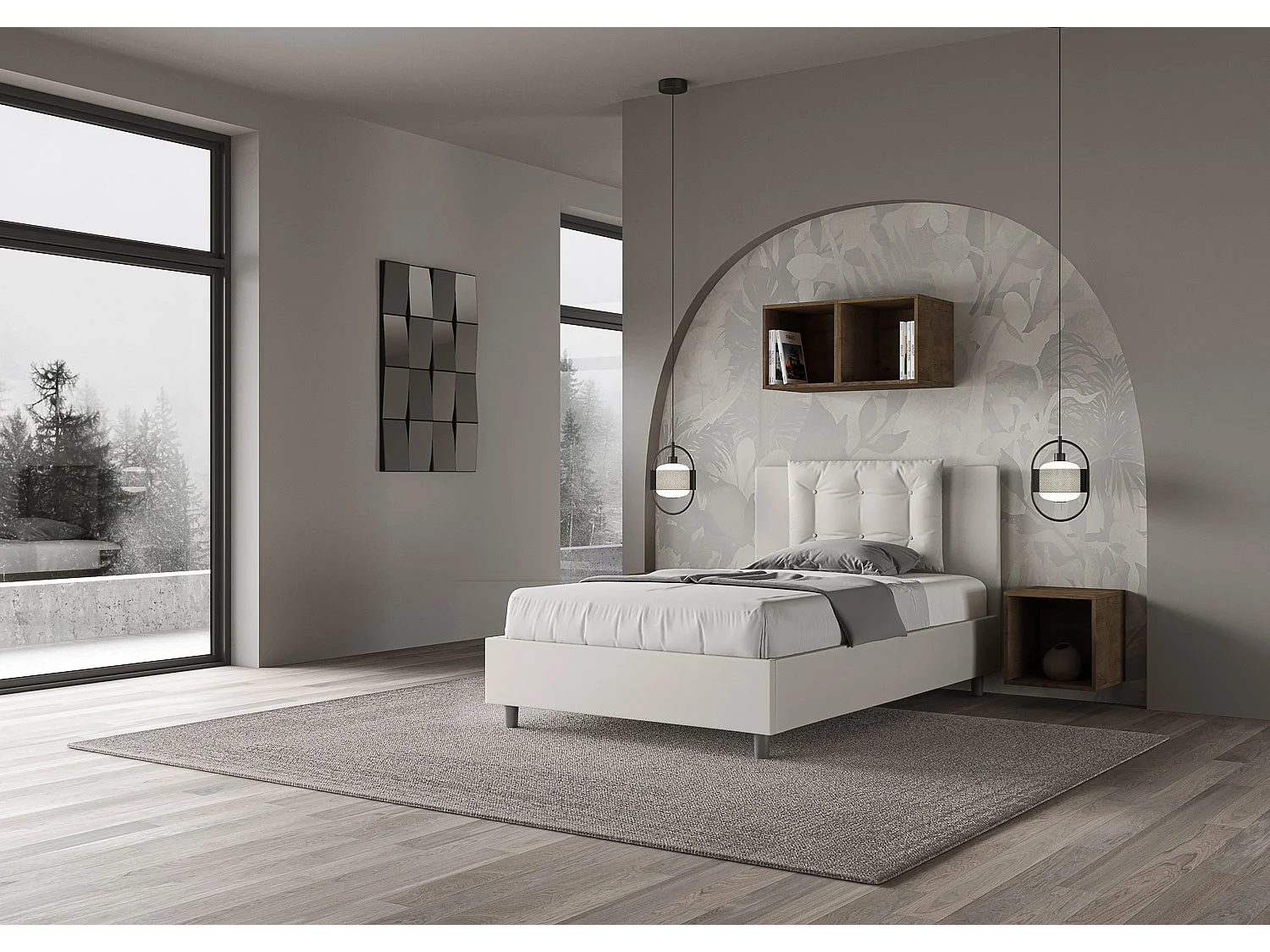 Lit 1 place et demi avec sommier rembourré 120x190 similicuir blanc Annalisa