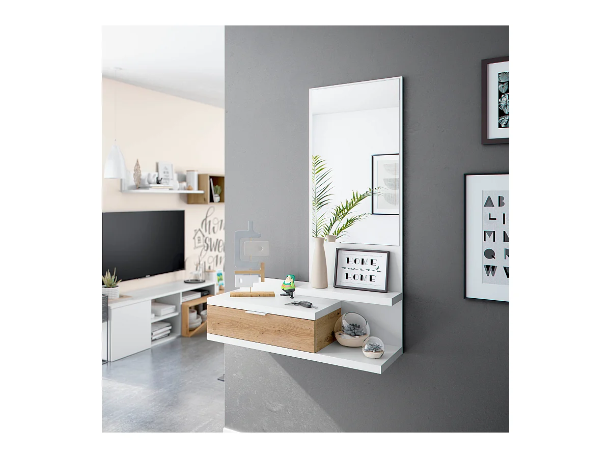 Consola suspendida con 1 cajón y 1 espejo L81 cm - DHALIA