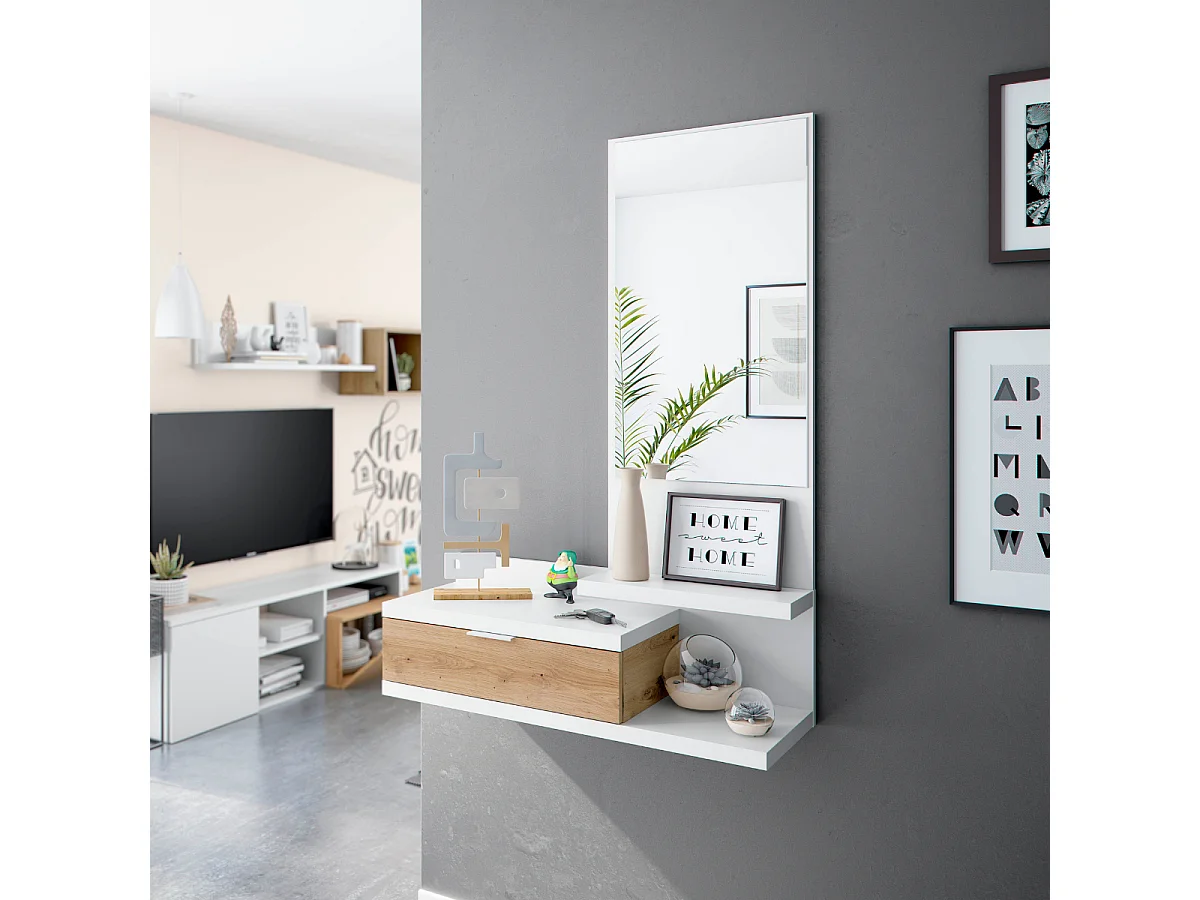 Consola suspendida con 1 cajón y 1 espejo L81 cm - DHALIA